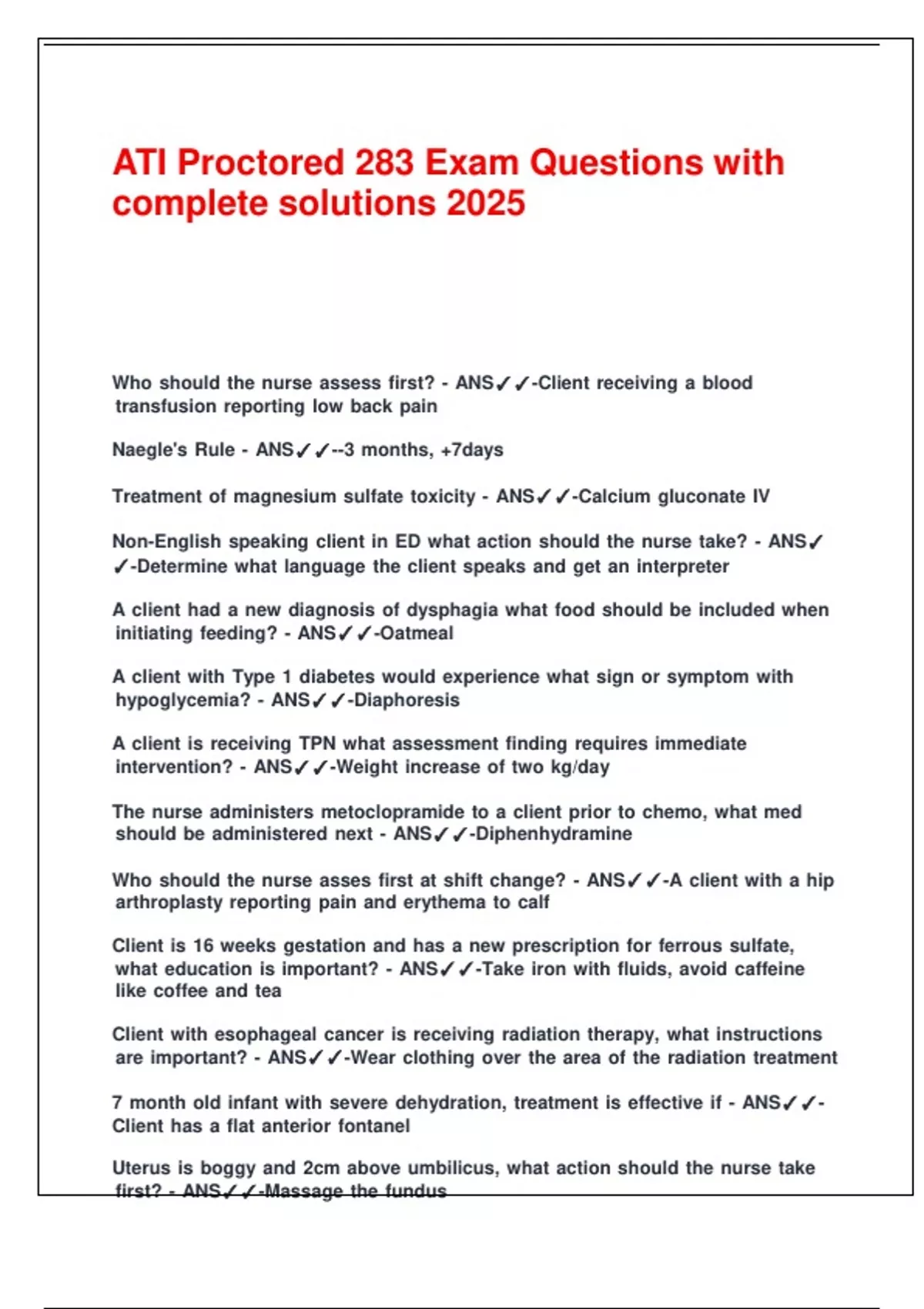 ATI Proctored 283 Exam Questions with complete solutions 2025. - NUR ...