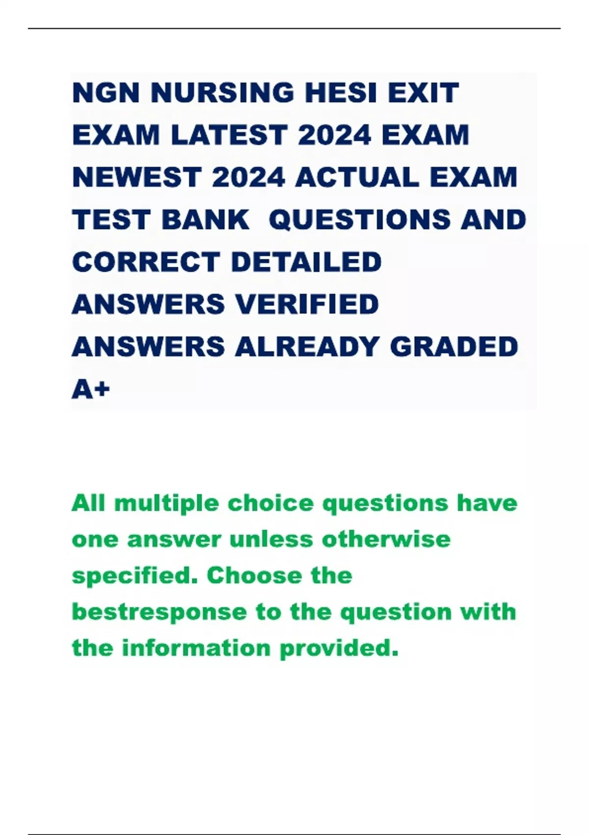 NGN NURSING HESI EXIT EXAM LATEST 2024 EXAM NEWEST 2024 ACTUAL EXAM ...