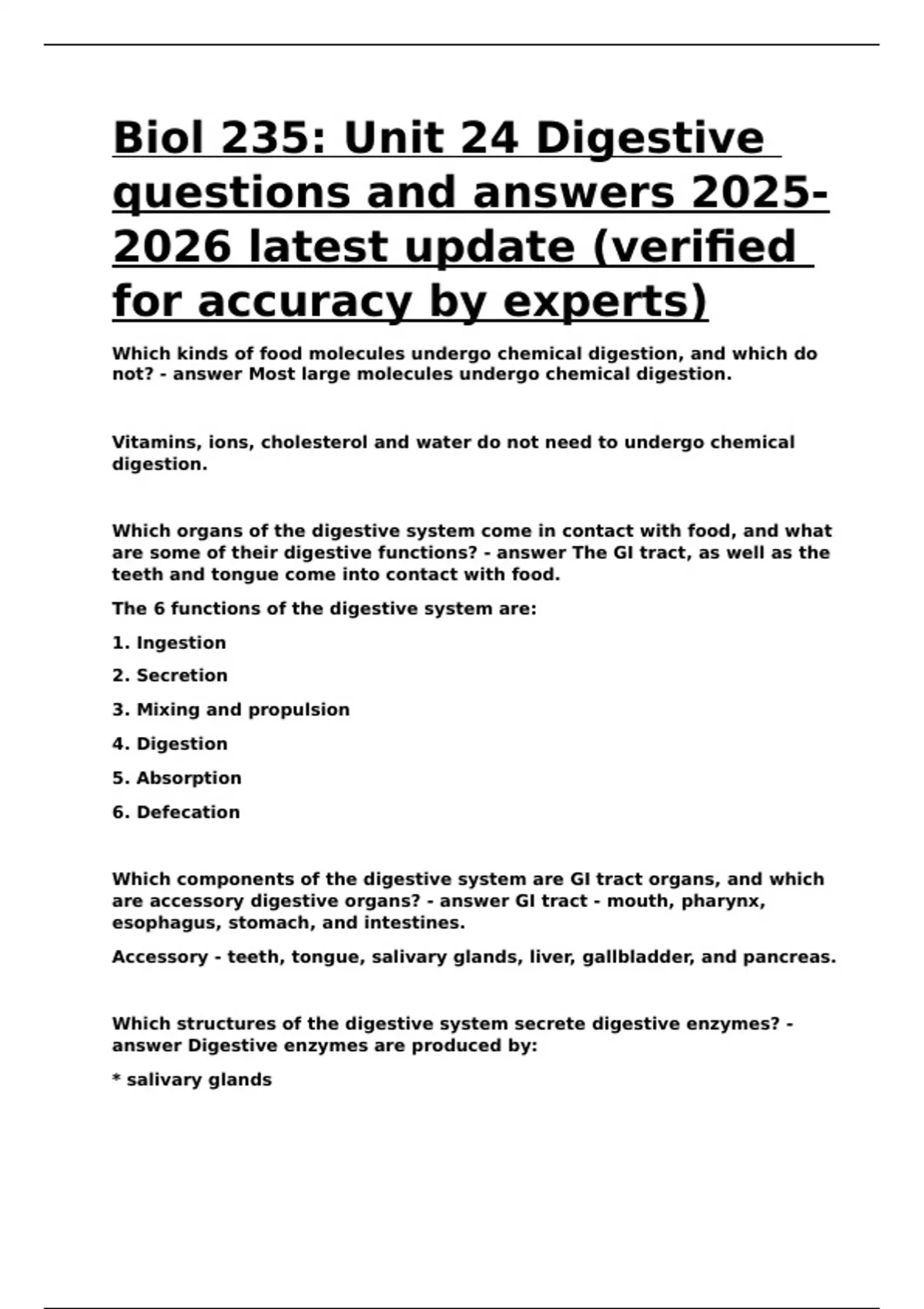 Biol 235 Unit 24 Digestive questions and answers latest update ...