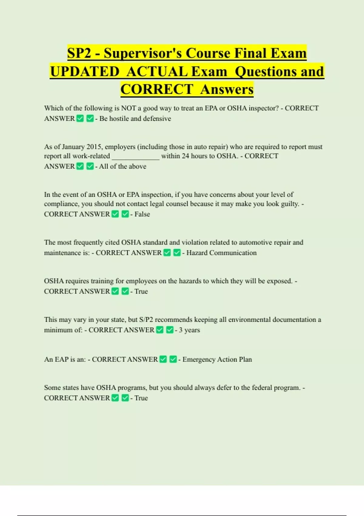 Sp2 Testing Answers SP2 - Supervisor's Course Final Exam UPDATED ACTUAL Exam Questions and ...
