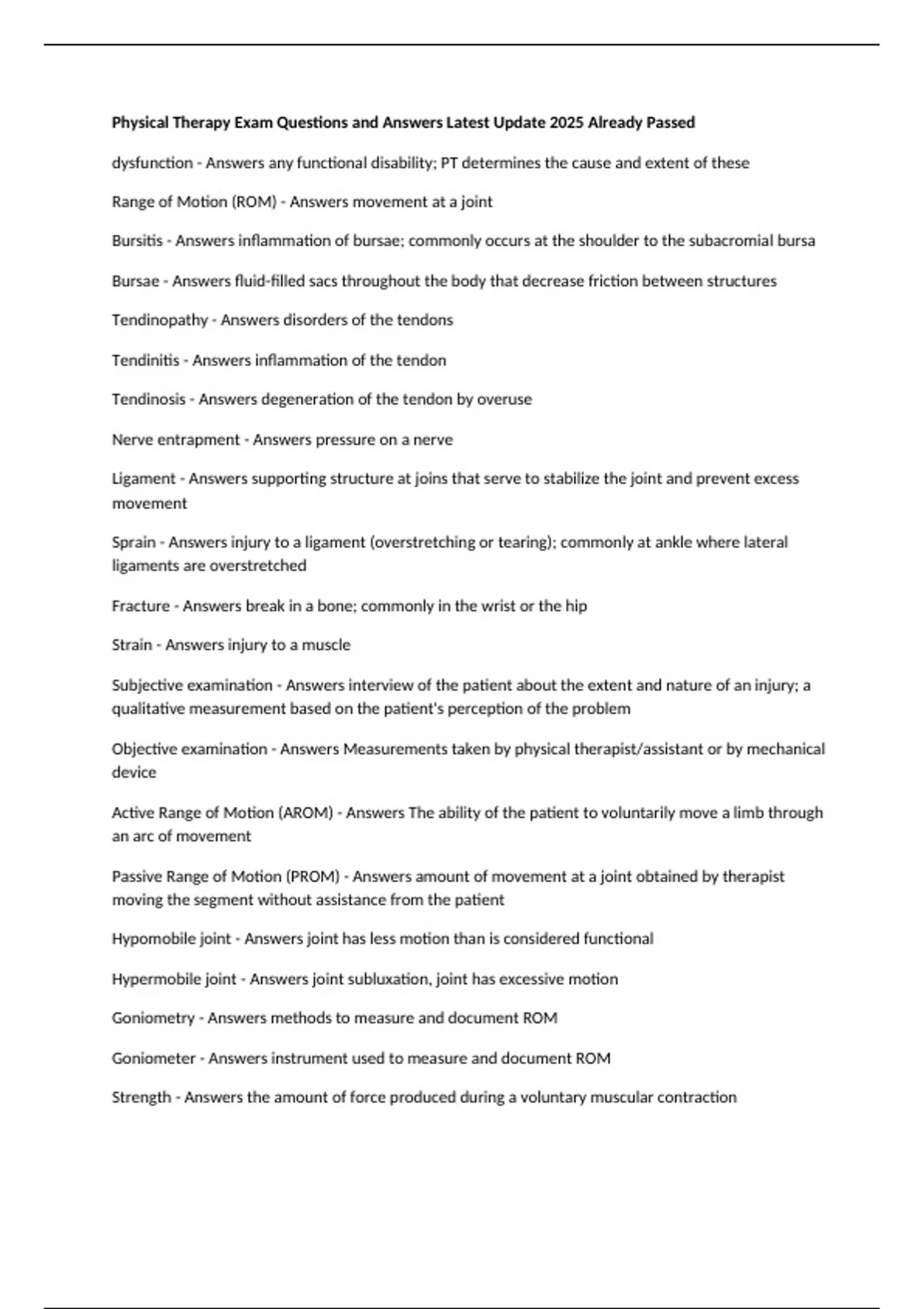 Physical Therapy Exam Questions and Answers Latest Update 2025 Already ...