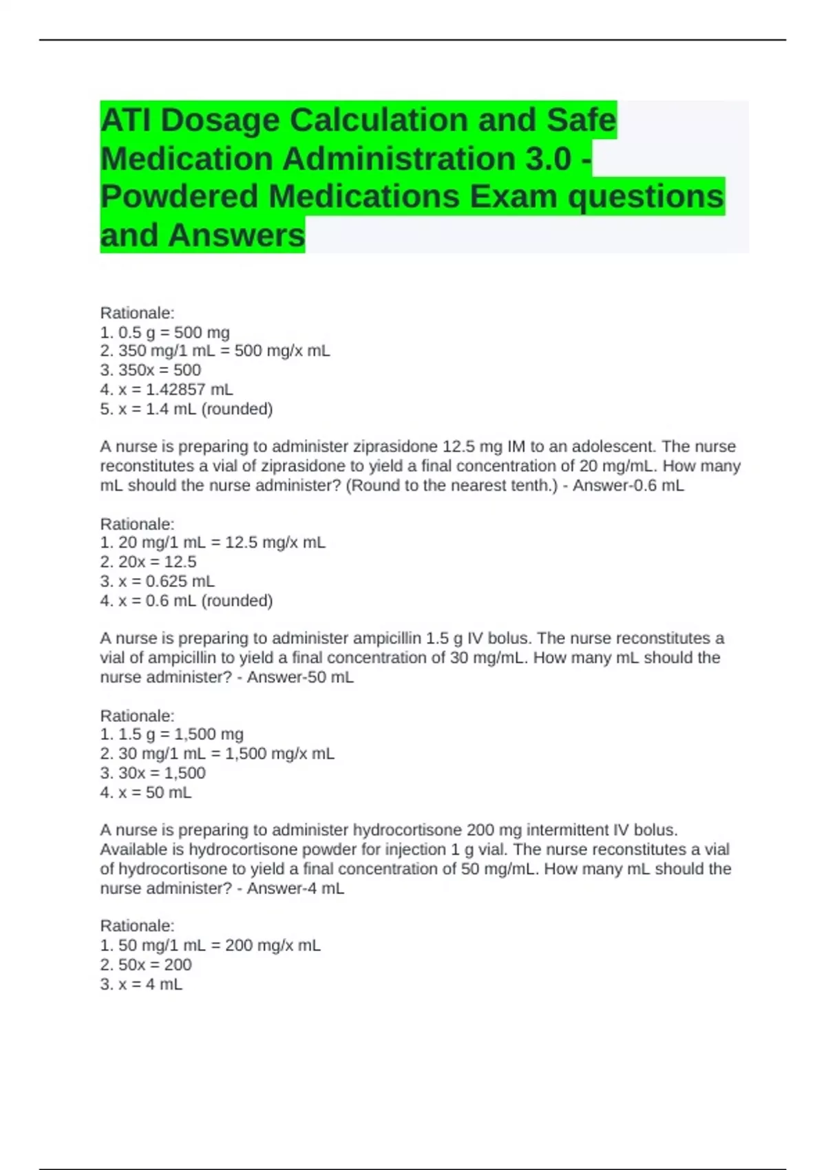 ATI Dosage Calculation and Safe Medication Administration 3.0 ...