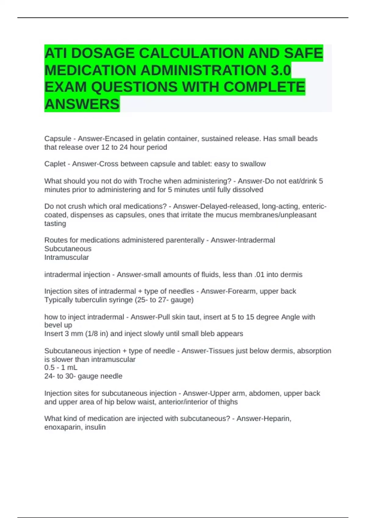 ATI DOSAGE CALCULATION AND SAFE MEDICATION ADMINISTRATION 3.0 EXAM ...