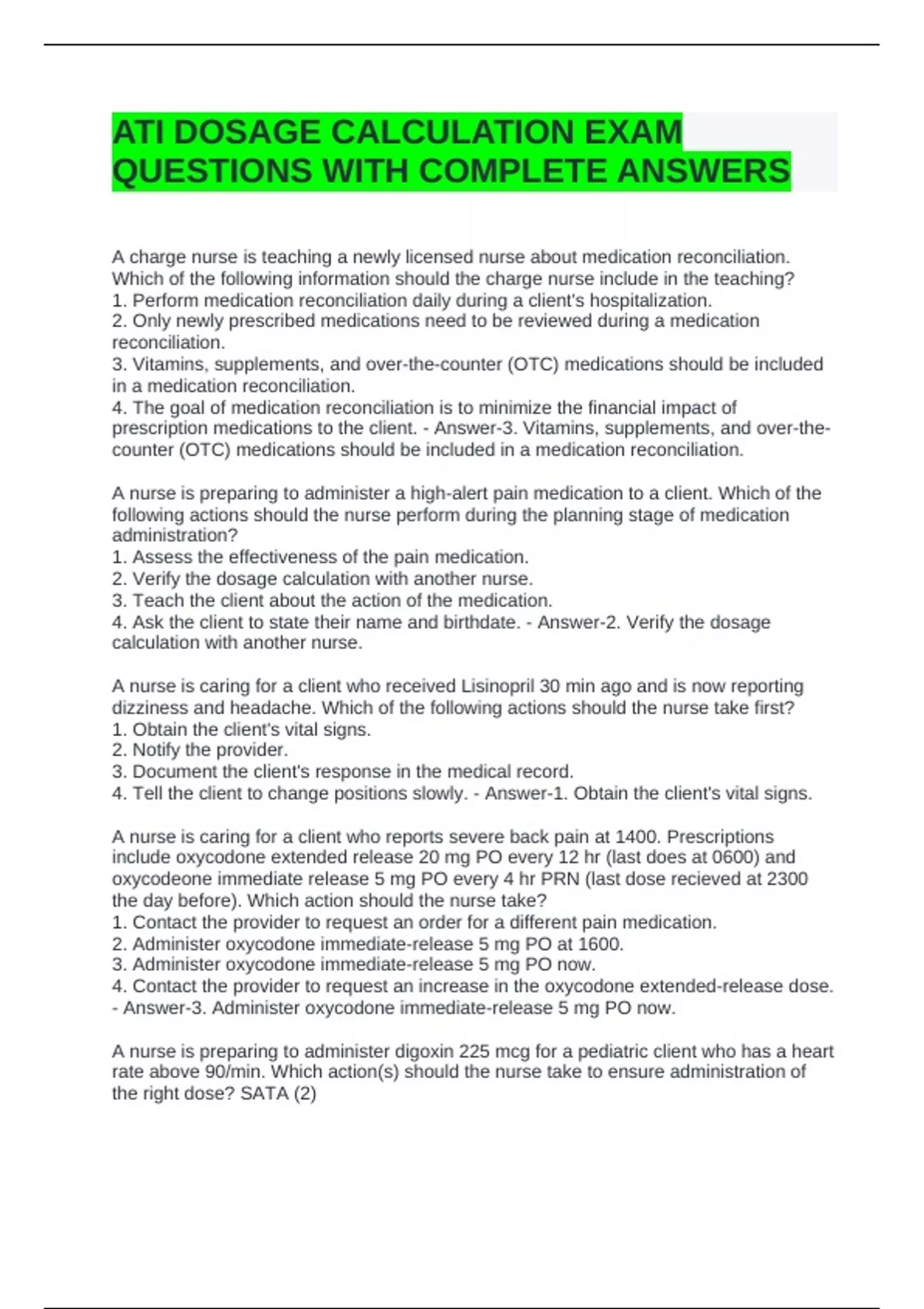 ATI DOSAGE CALCULATION EXAM QUESTIONS WITH COMPLETE ANSWERS - ATI ...