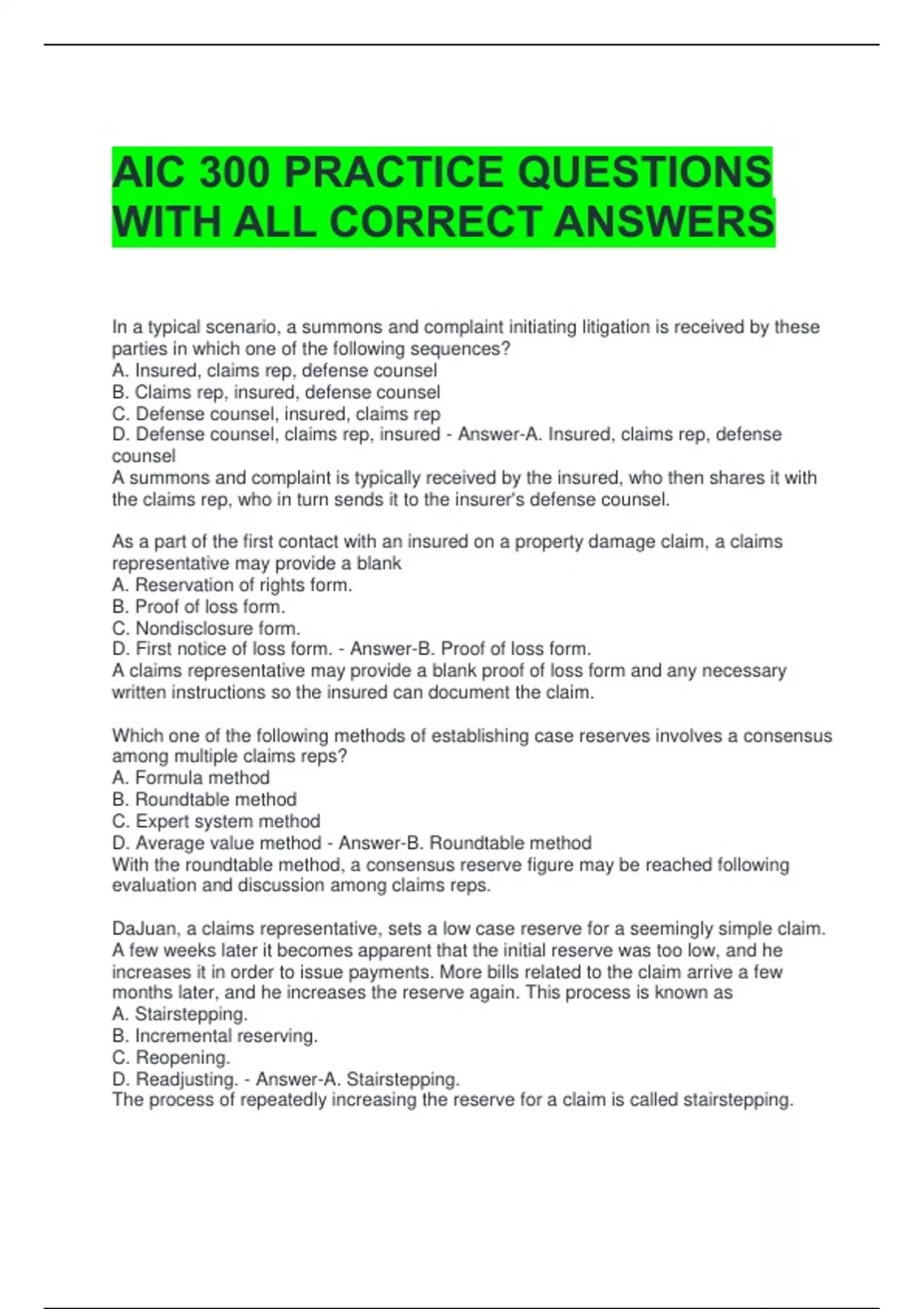 AIC 300 PRACTICE QUESTIONS WITH ALL CORRECT ANSWERS - AIC 300 - Stuvia US