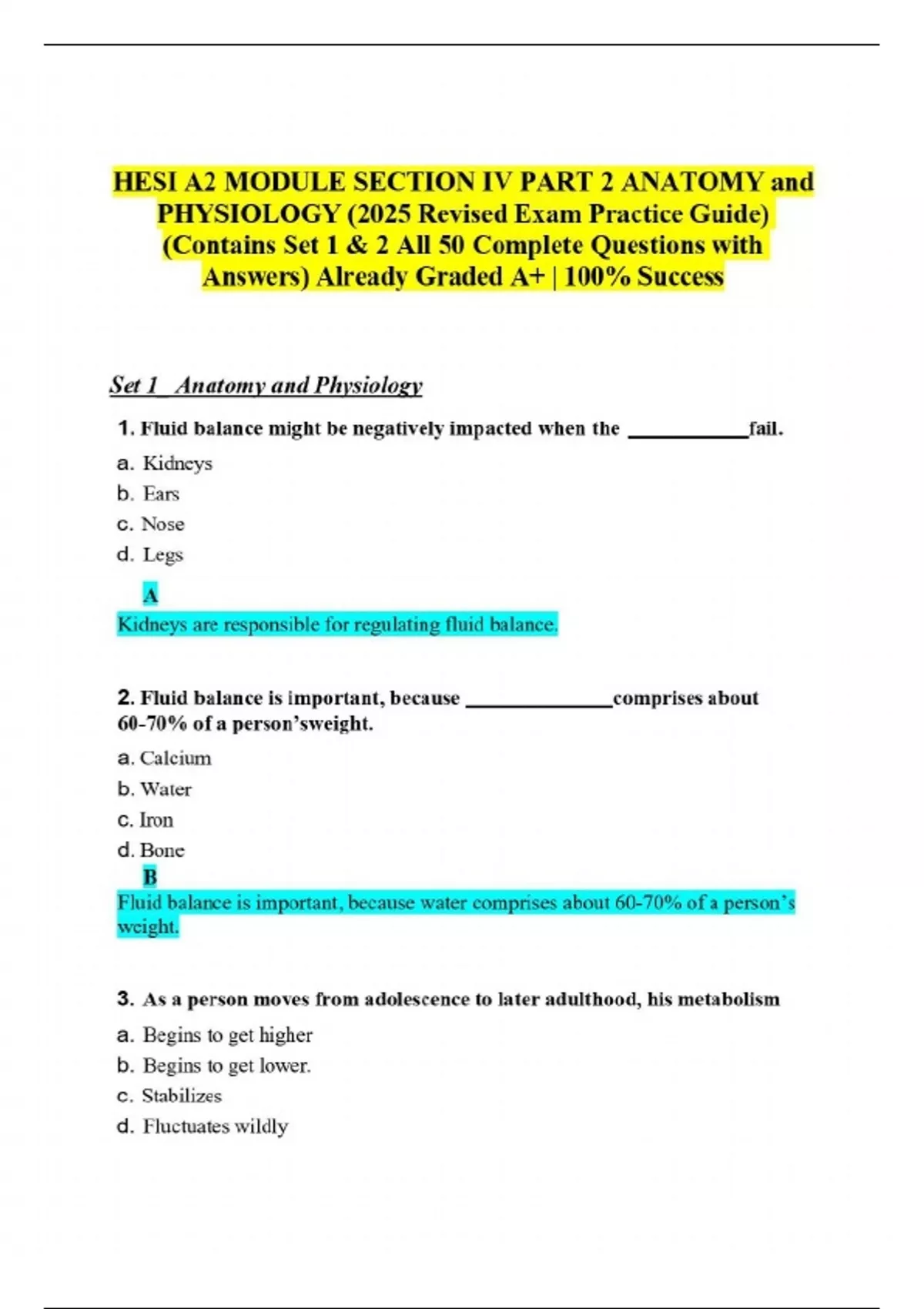HESI A2 MODULE SECTION IV PART 2 ANATOMY and PHYSIOLOGY (2025 Revised ...