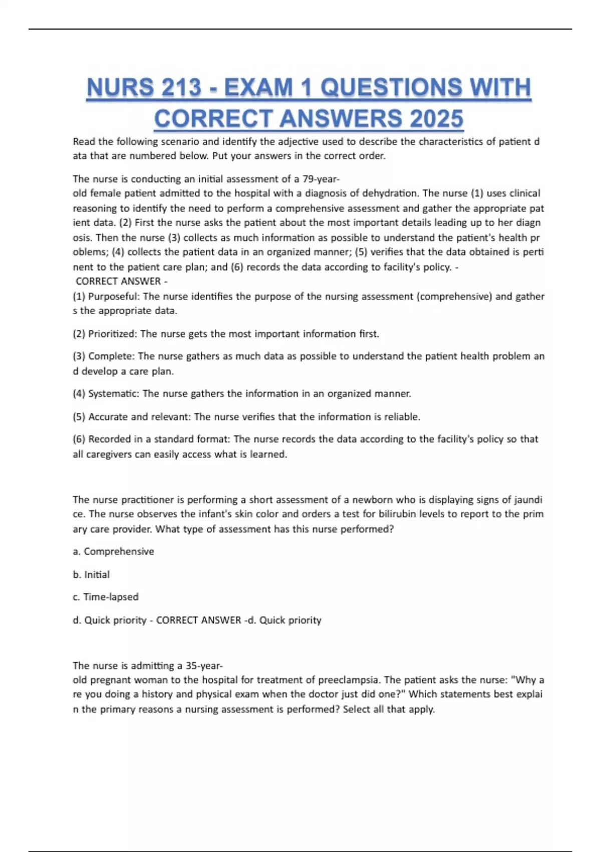 NURS 213 - EXAM 1 QUESTIONS WITH CORRECT ANSWERS 2025 - NUR 213 - Stuvia US