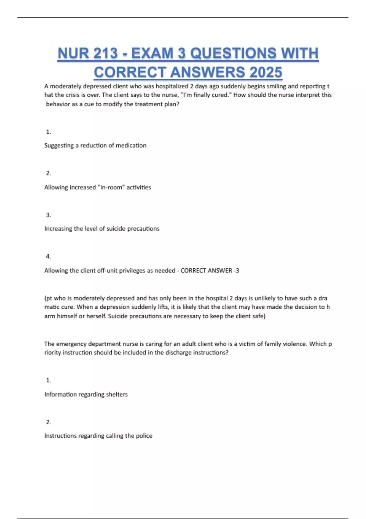 NUR 213 - EXAM 3 QUESTIONS WITH CORRECT ANSWERS 2025 - NUR 213 - Stuvia US