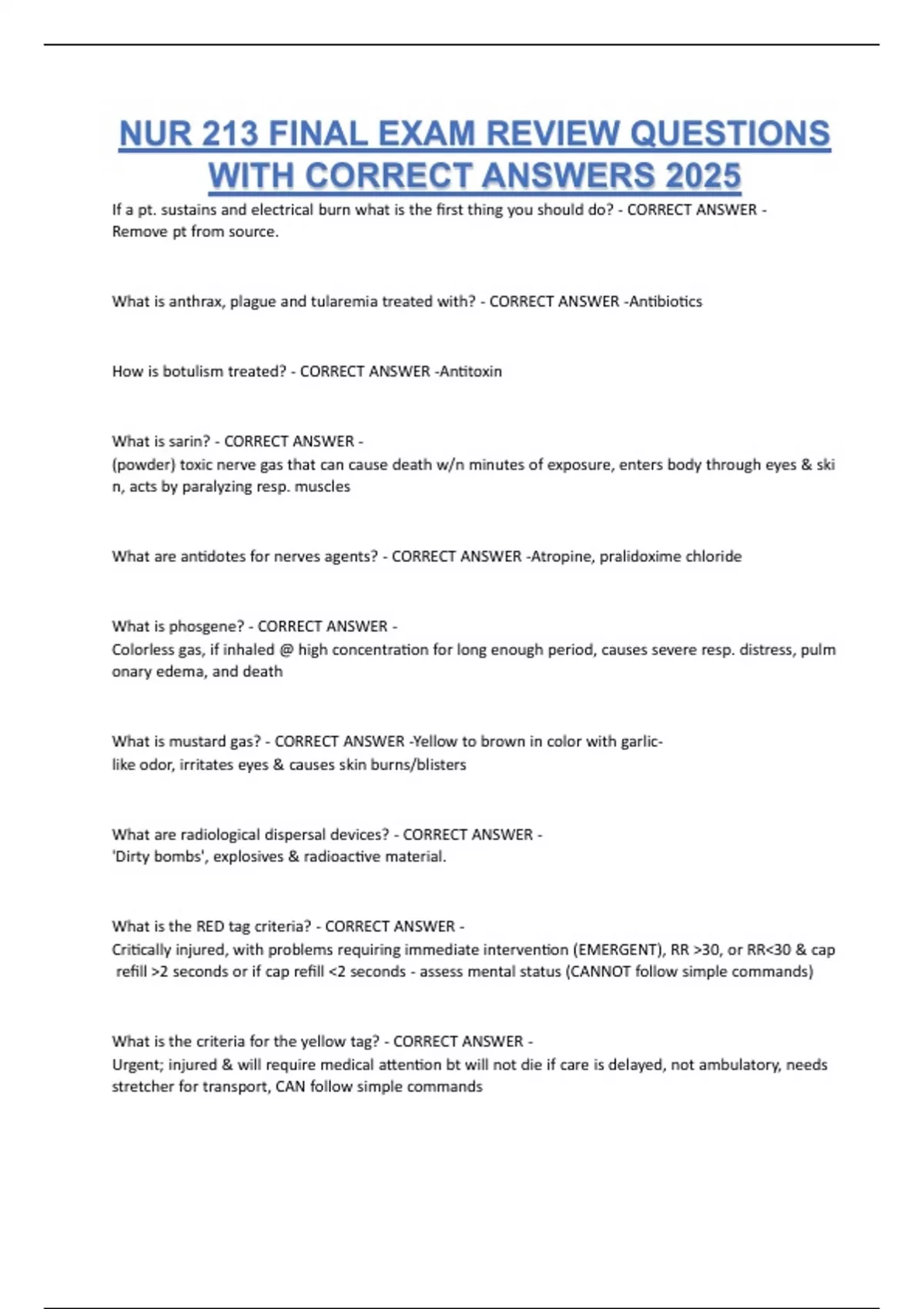 NUR 213 FINAL EXAM REVIEW QUESTIONS WITH CORRECT ANSWERS 2025 - NUR 213 ...