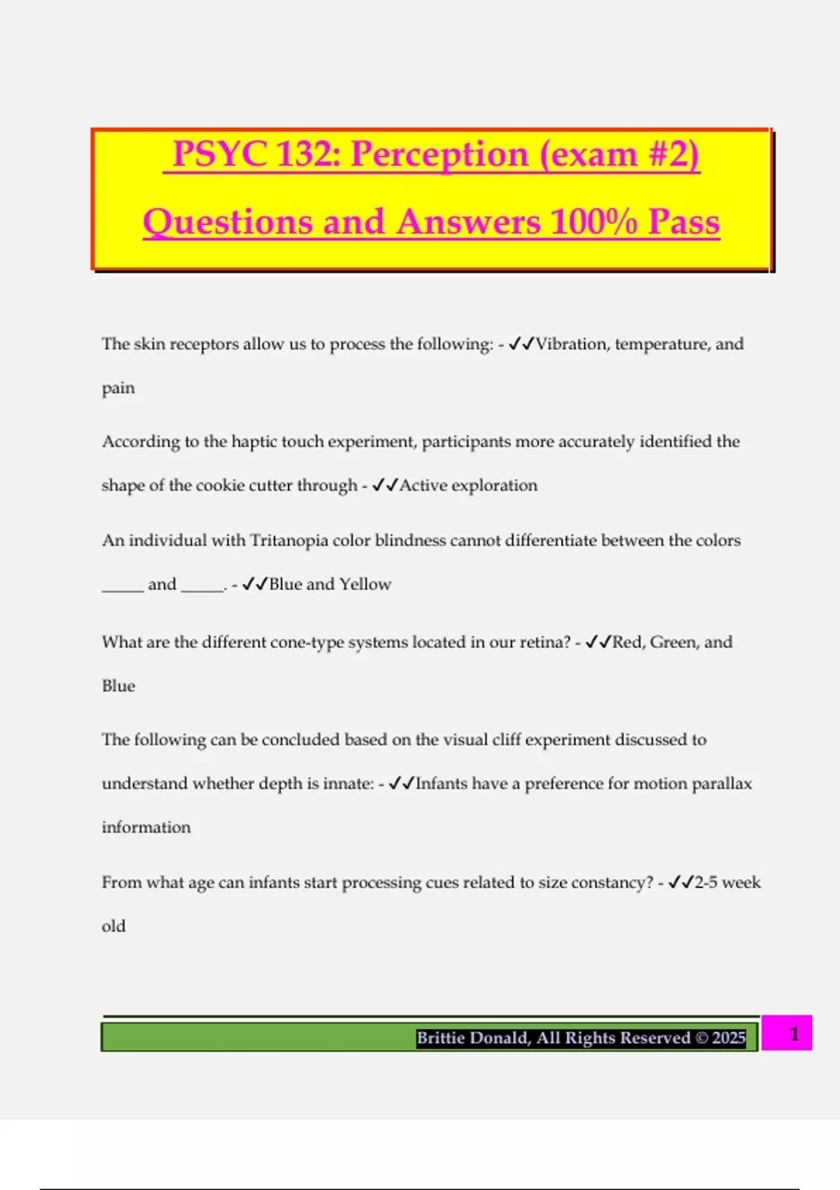 Log Perception Question PSYC 132: Perception (exam #2) Questions and Answers 100% Pass - Psych ...
