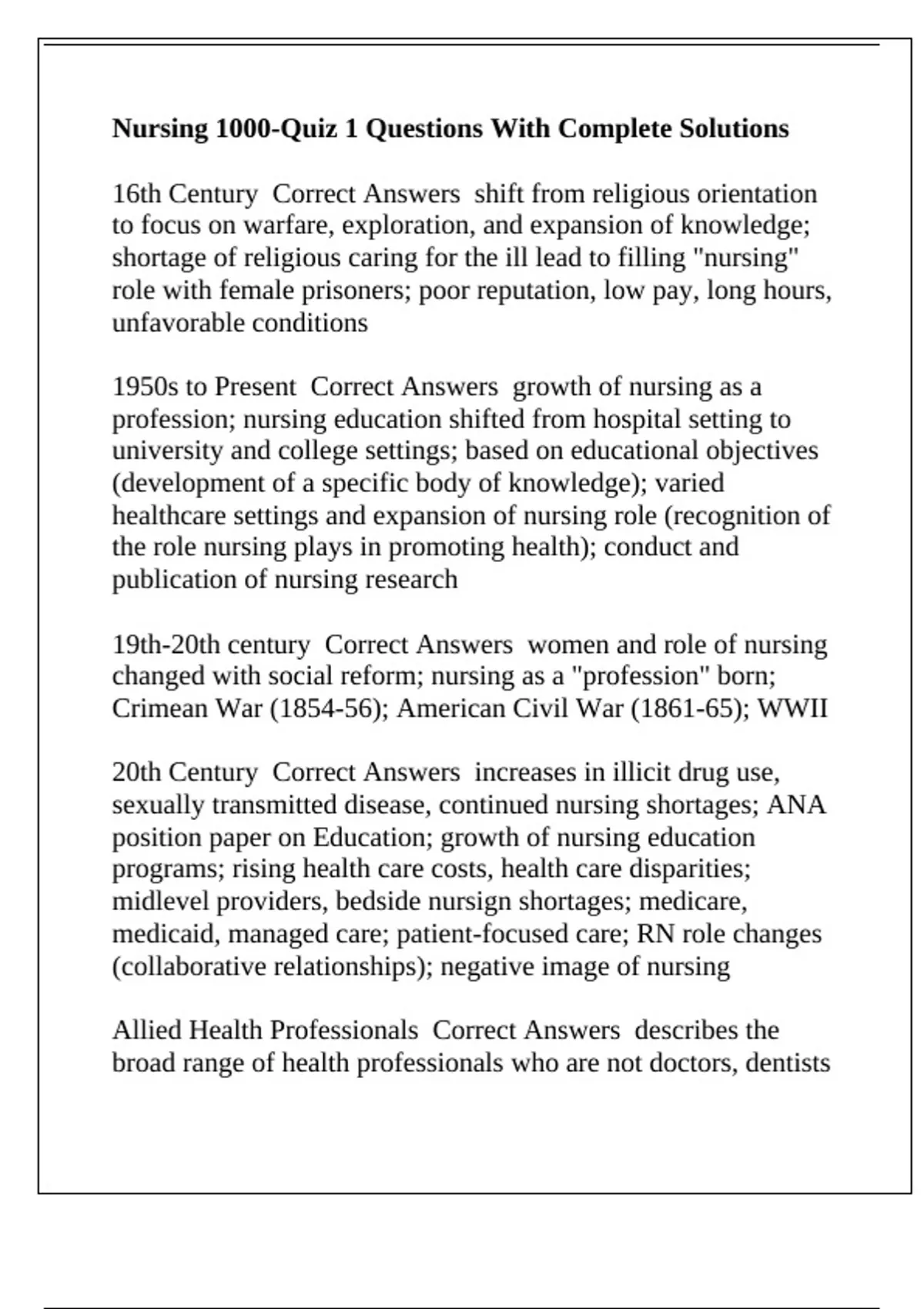 Nursing 1000-Quiz 1 Questions With Complete Solutions - Nurs 1000 ...