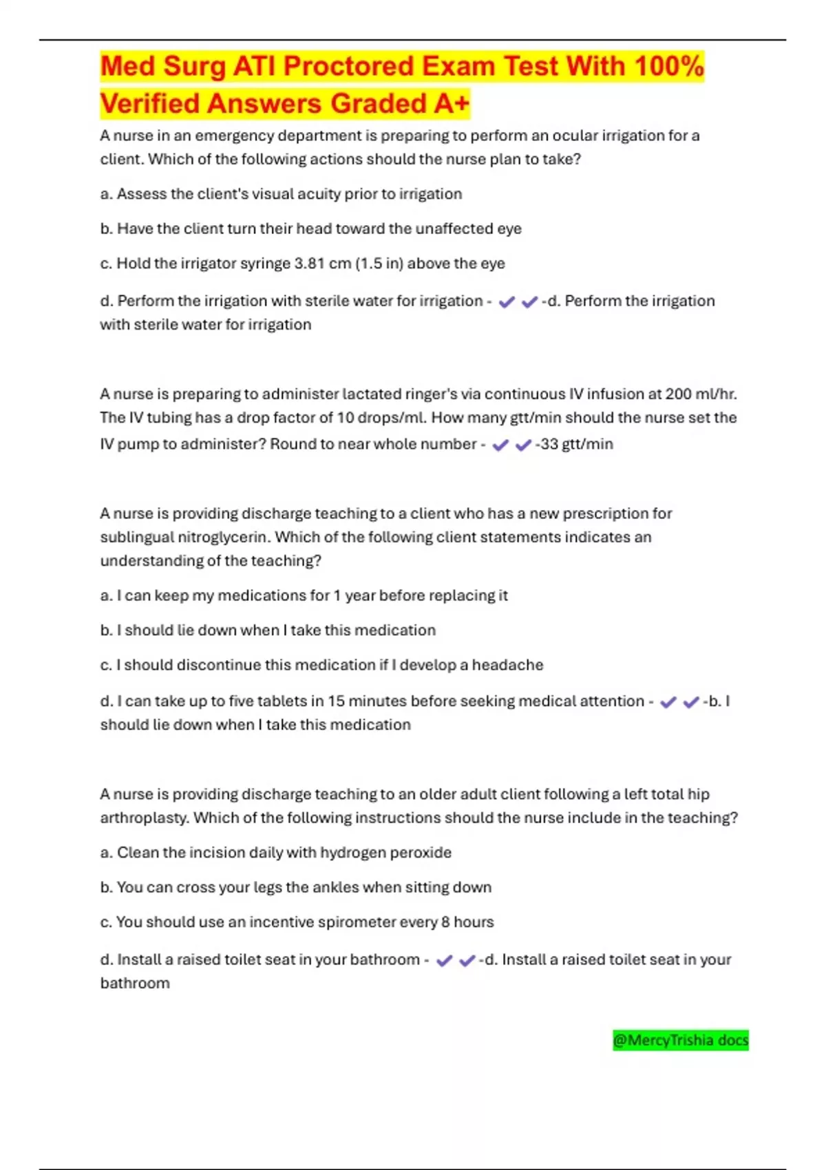 Med Surg ATI Proctored Exam Test With 100% Verified Answers Graded A+ ...