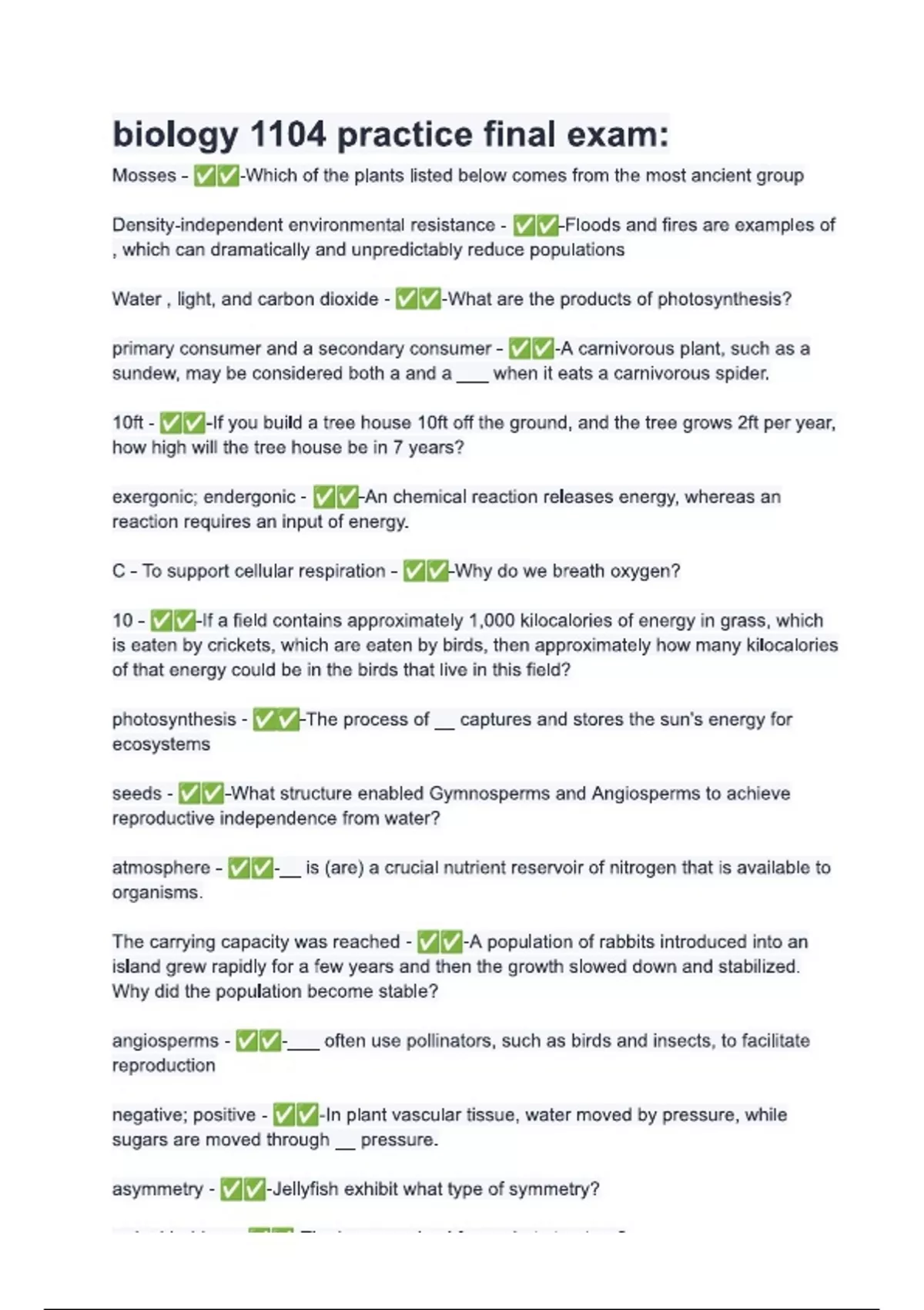 biology 1104 practice final exam 2025/ 2026 Questions and Answers ...
