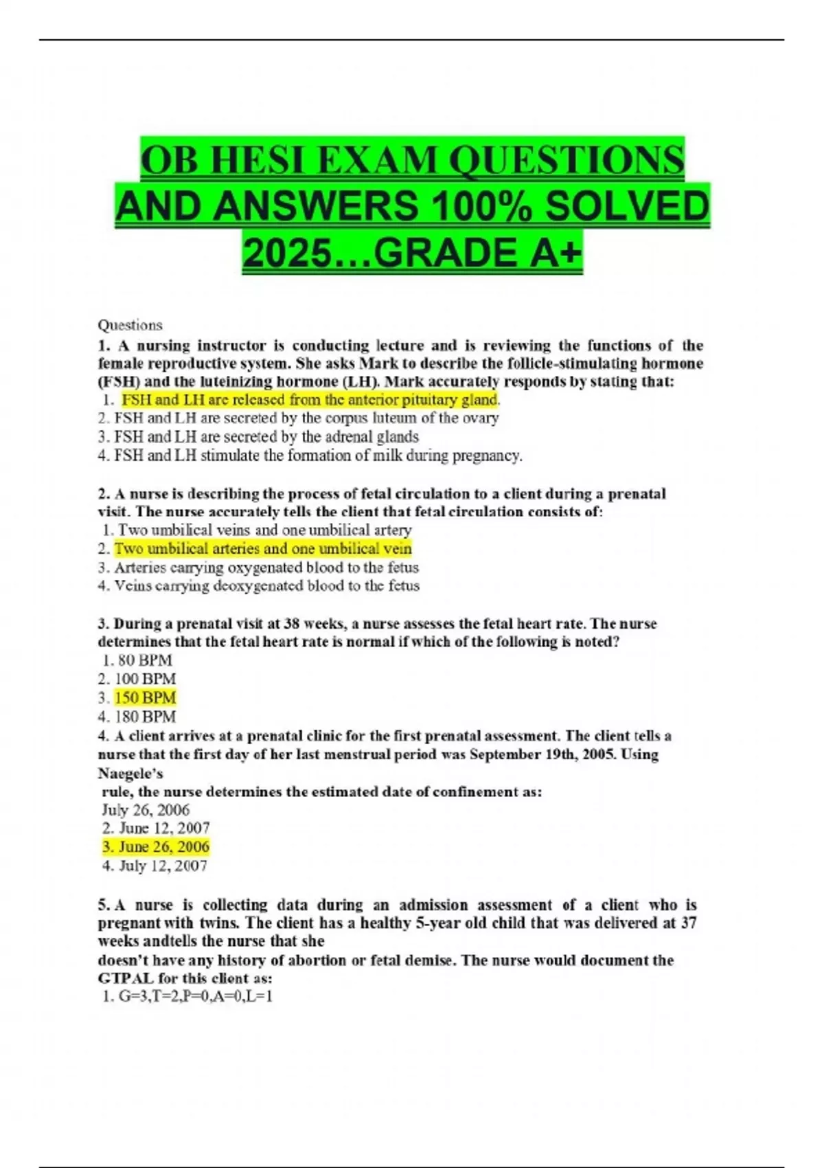 OB HESI EXAM QUESTIONS AND ANSWERS 100% SOLVED 2025…GRADE A+ - OB HESI ...