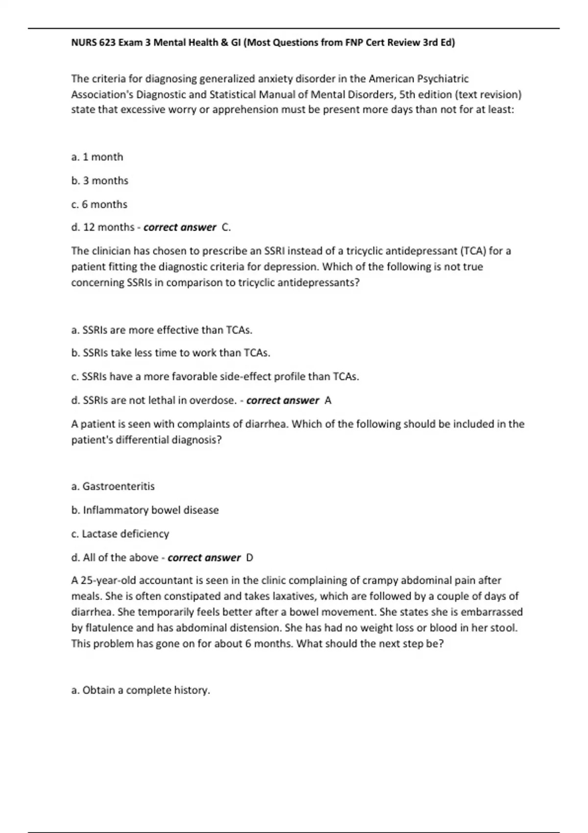 NURS 623 Exam 3 Mental Health & GI (Most Questions from FNP Cert Review ...