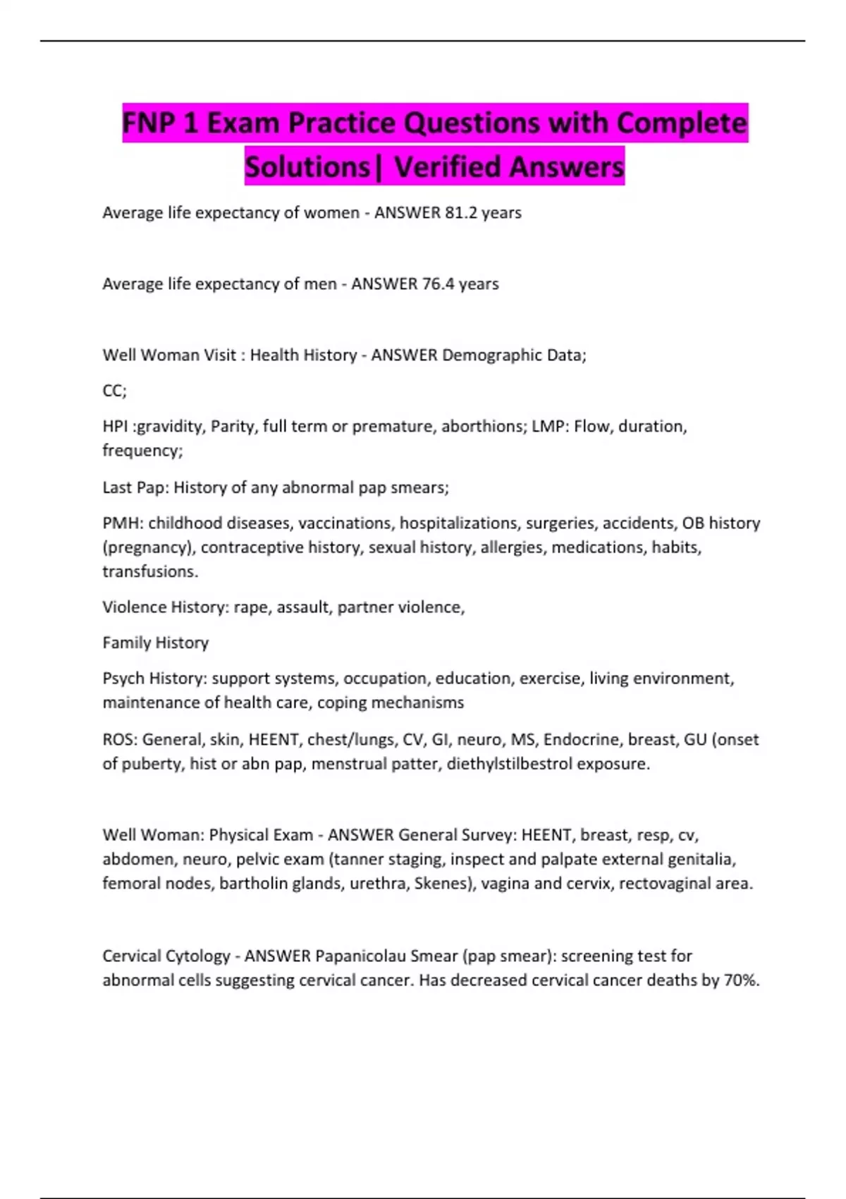 FNP 1 Exam Practice Questions with Complete Solutions| Verified Answers ...