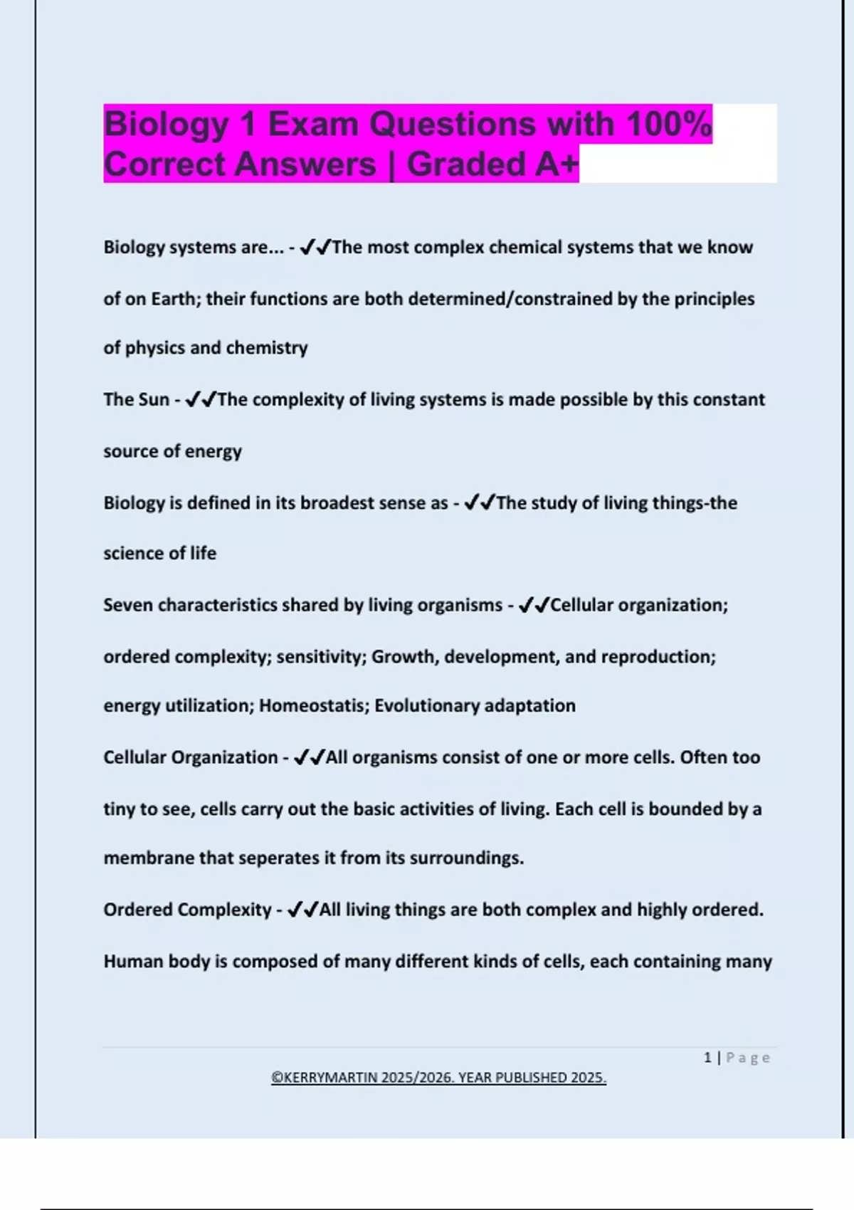 Biology 1 Exam Questions with 100% Correct Answers | Graded A+ ...