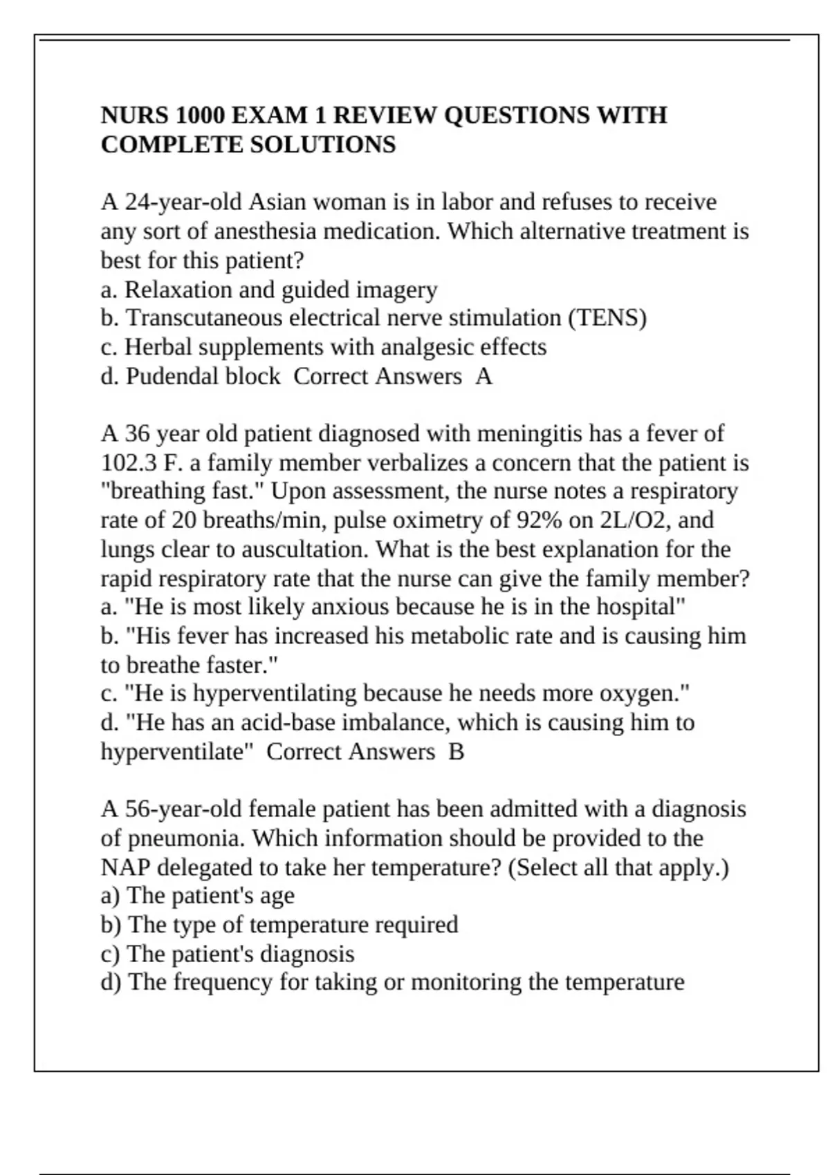NURS 1000 EXAM 1 REVIEW QUESTIONS WITH COMPLETE SOLUTIONS - NURS 1000 ...