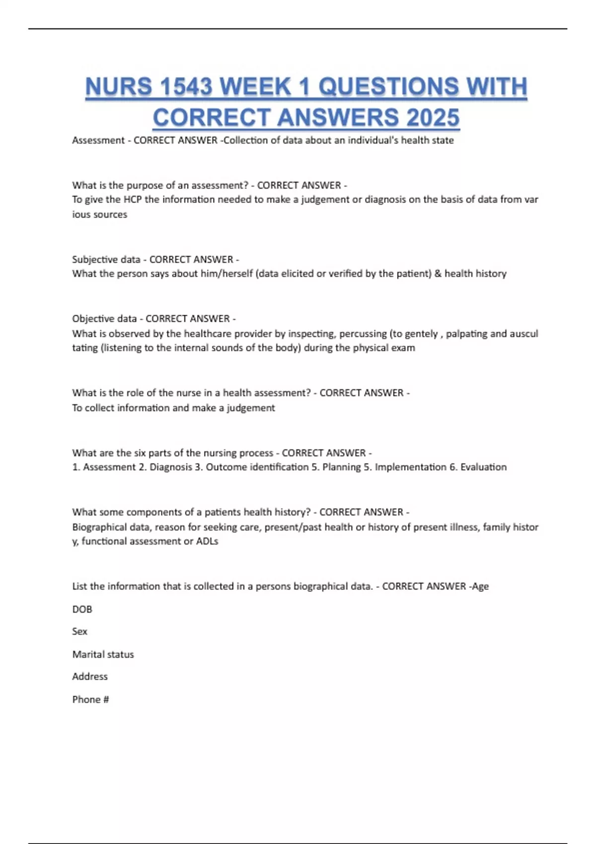 NURS 1543 Exams Questions with 100% Correct Answers | Latest Version ...