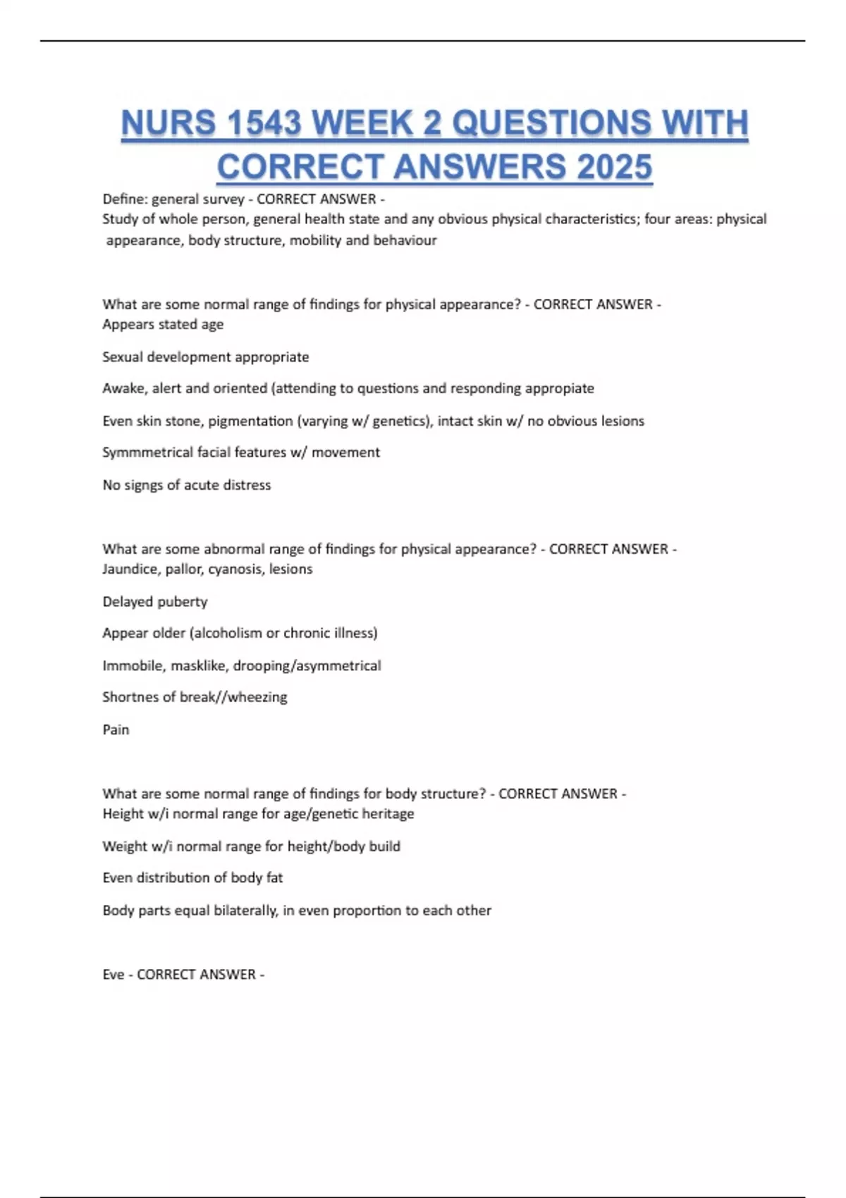 NURS 1543 WEEK 2 QUESTIONS WITH CORRECT ANSWERS 2025 - NURS 1543 ...
