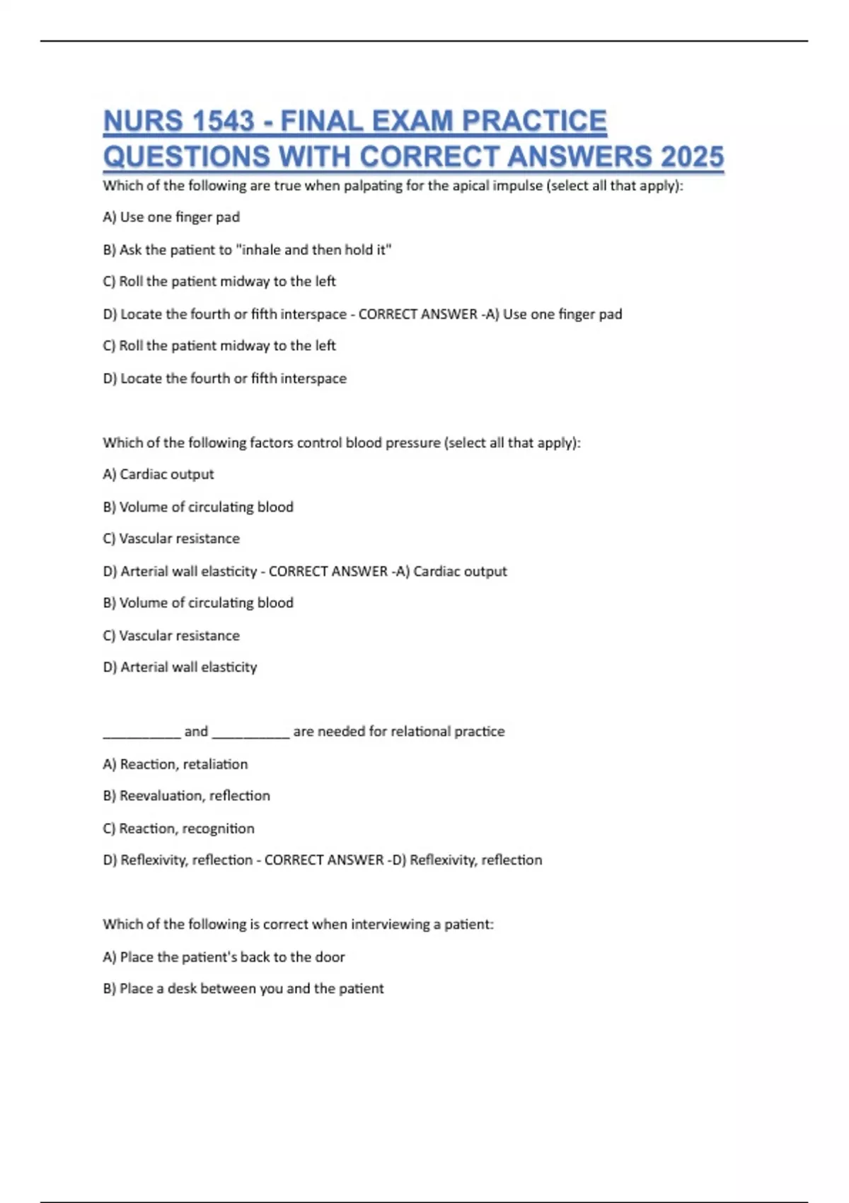 NURS 1543 FINAL EXAM PRACTICE QUESTIONS WITH CORRECT ANSWERS 2025 ...