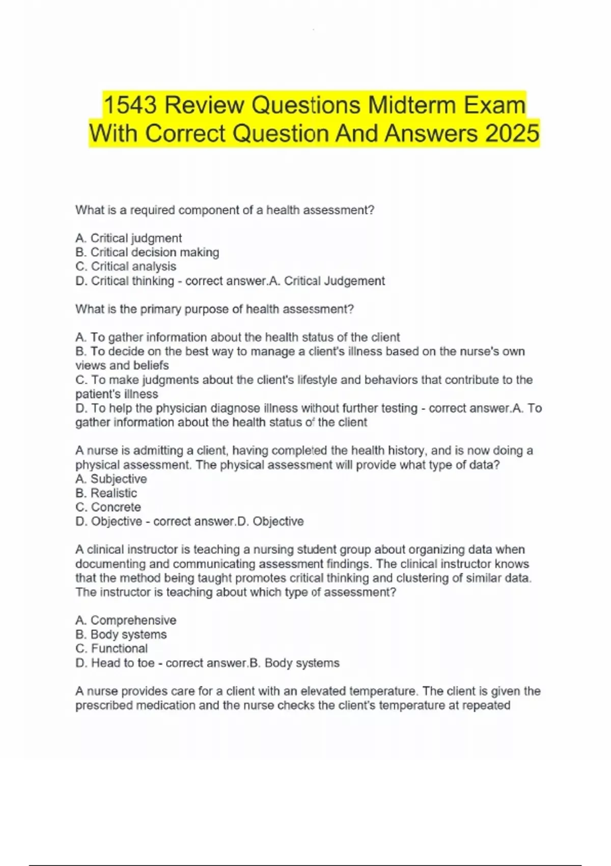 1543 Review Questions Midterm Exam With Correct Question And Answers ...