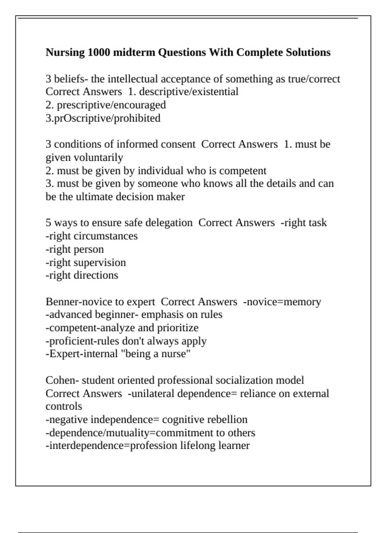 Nursing 1000 midterm Questions With Complete Solutions - Nurs 1000 ...