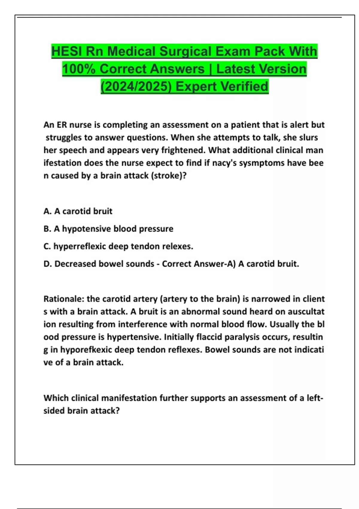 HESI Rn Medical Surgical Exam Pack With 100% Correct Answers | Latest ...