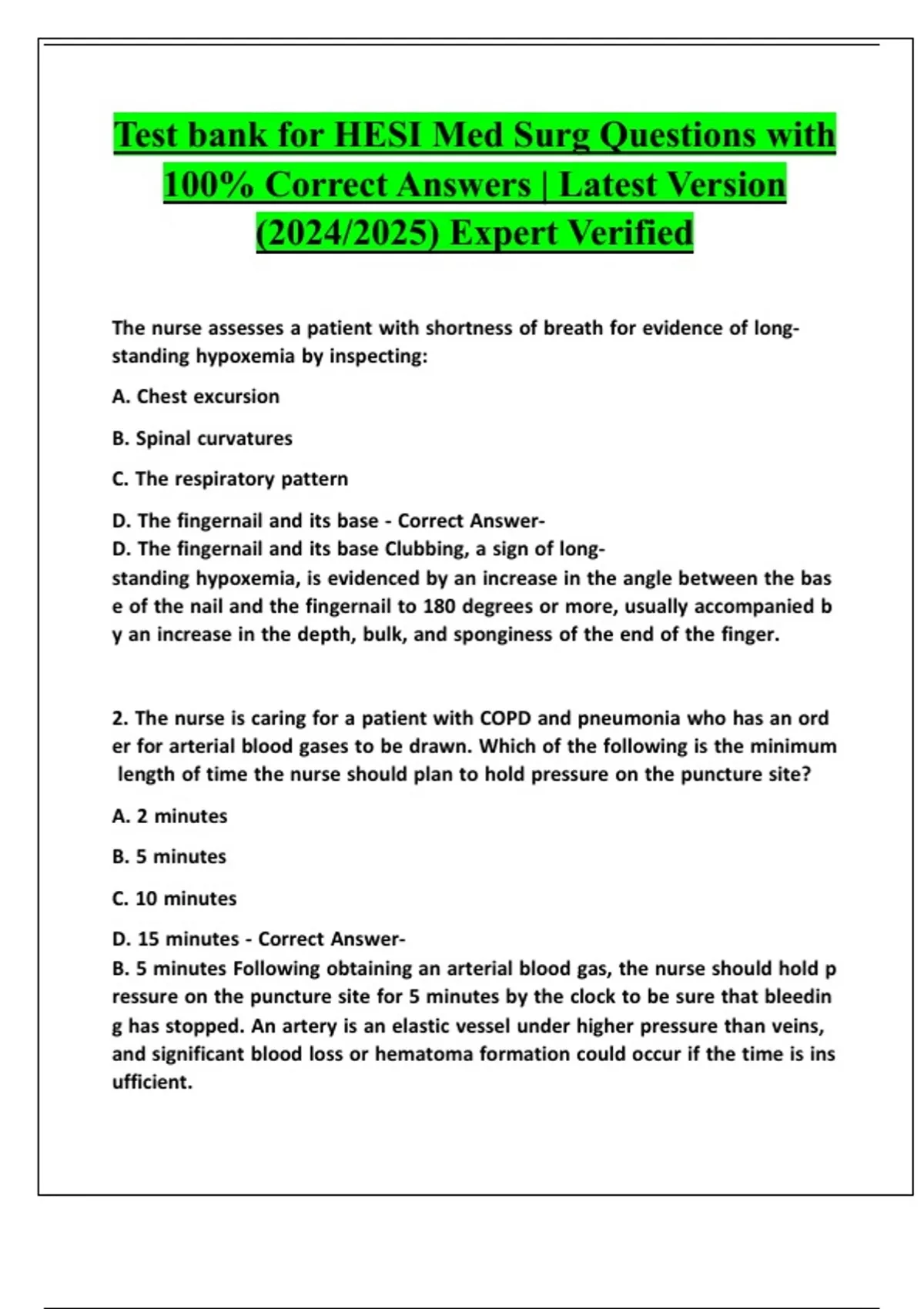 Test bank for HESI Med Surg Questions with 100% Correct Answers ...