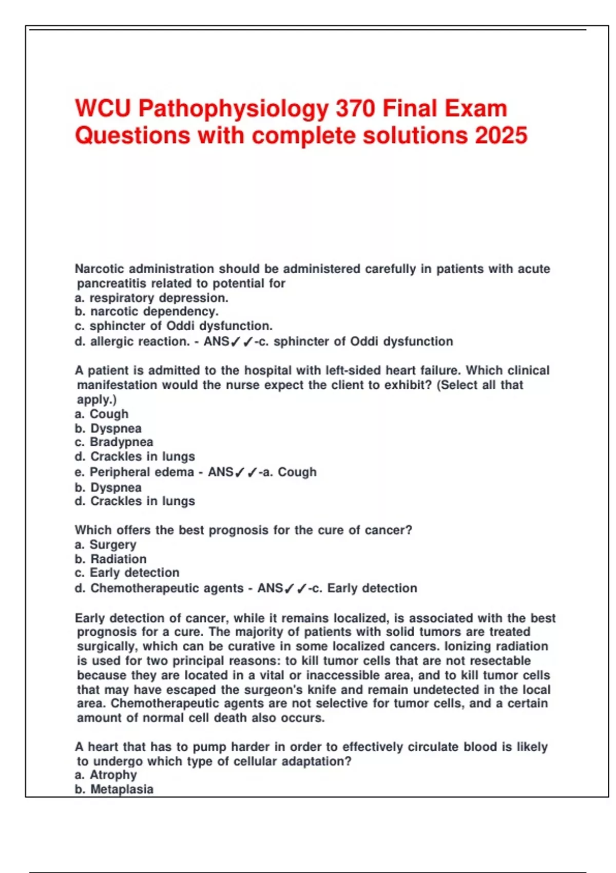 WCU Pathophysiology 370 Final Exam Questions with complete solutions ...