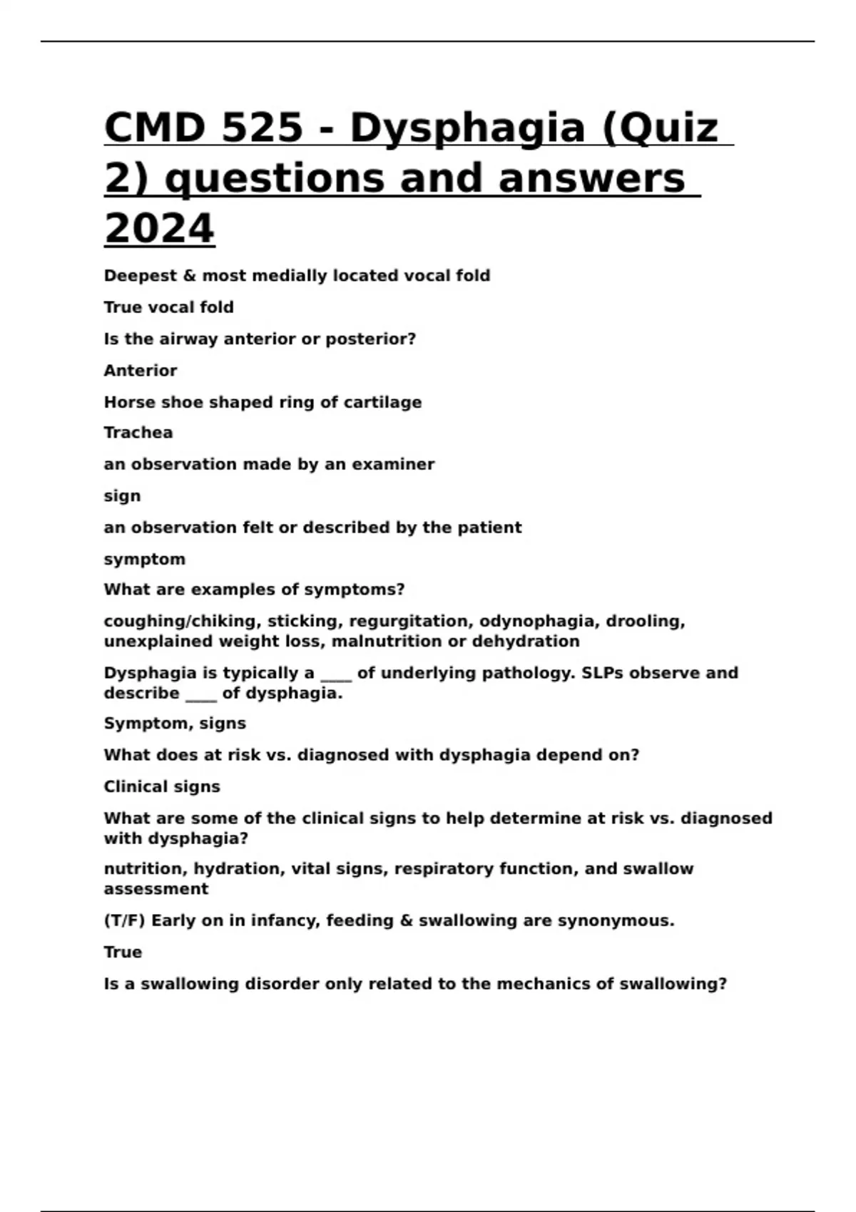 CMD 525 - Dysphagia (Quiz 2) questions and answers 2024 - CMD 525 ...
