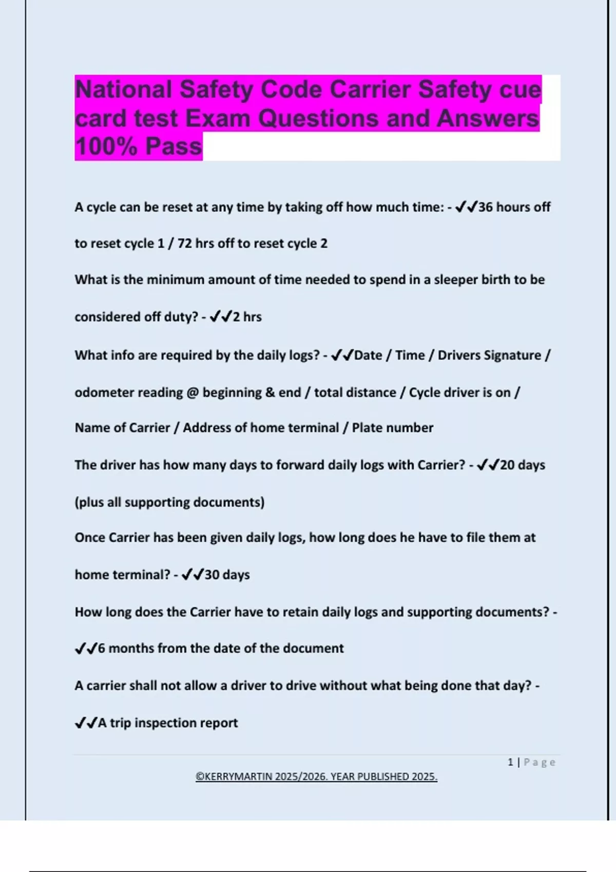 National Safety Code Carrier Safety Cue Card Test Exam Questions And 