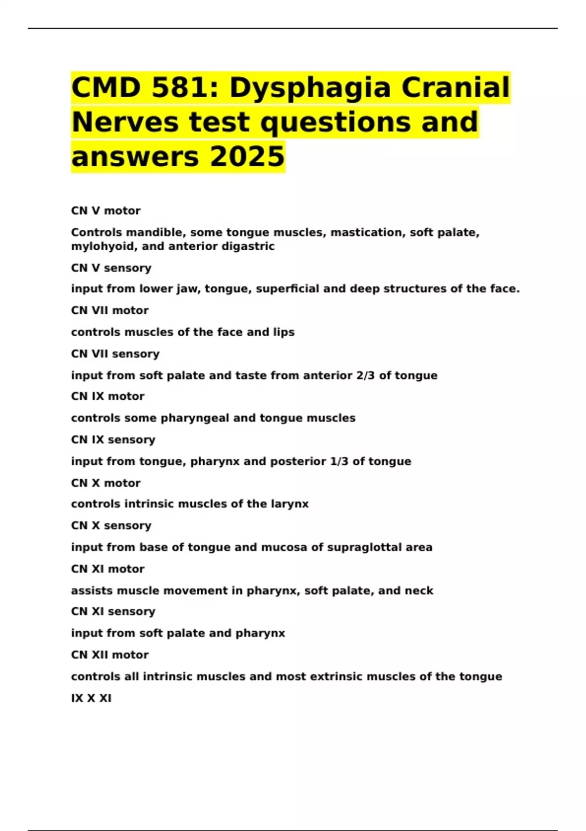 CMD 581 Dysphagia Cranial Nerves test questions and answers 2025 - CMD ...