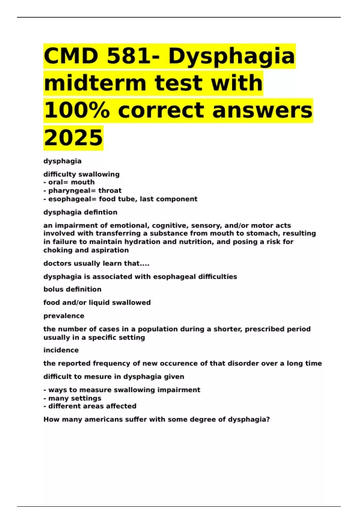CMD 581- Dysphagia midterm test with 100- correct answers 2025 - CMD ...