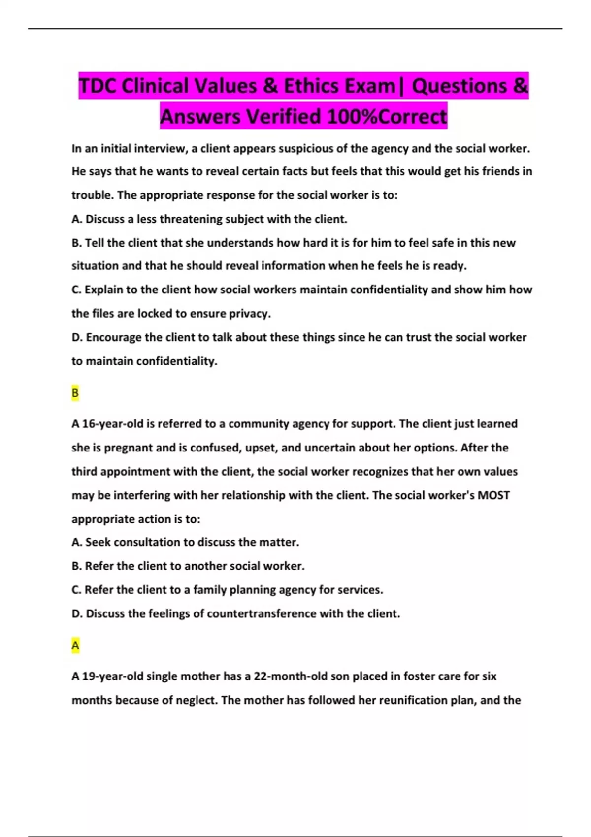 Tdc Course Problem TDC Clinical Values & Ethics Exam| Questions & Answers Verified 100 ...