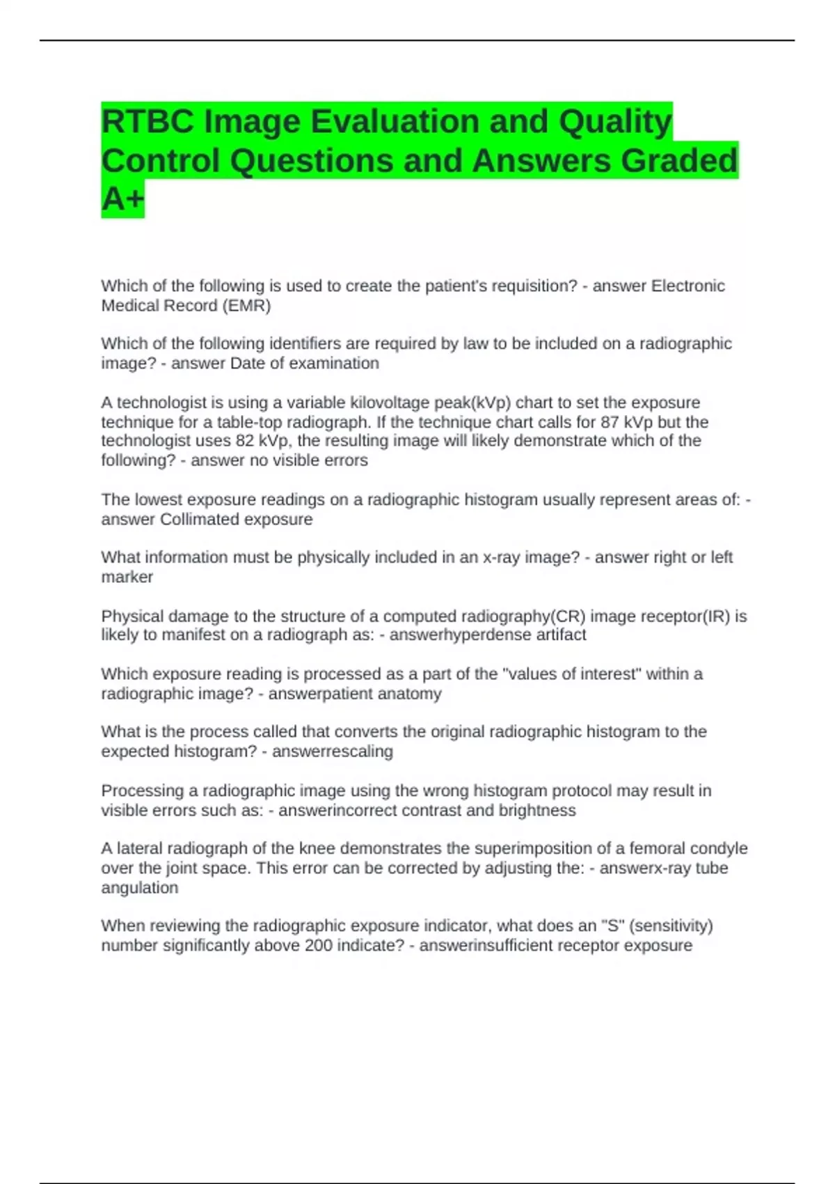 RTBC Image Evaluation and Quality Control Questions and Answers Graded ...