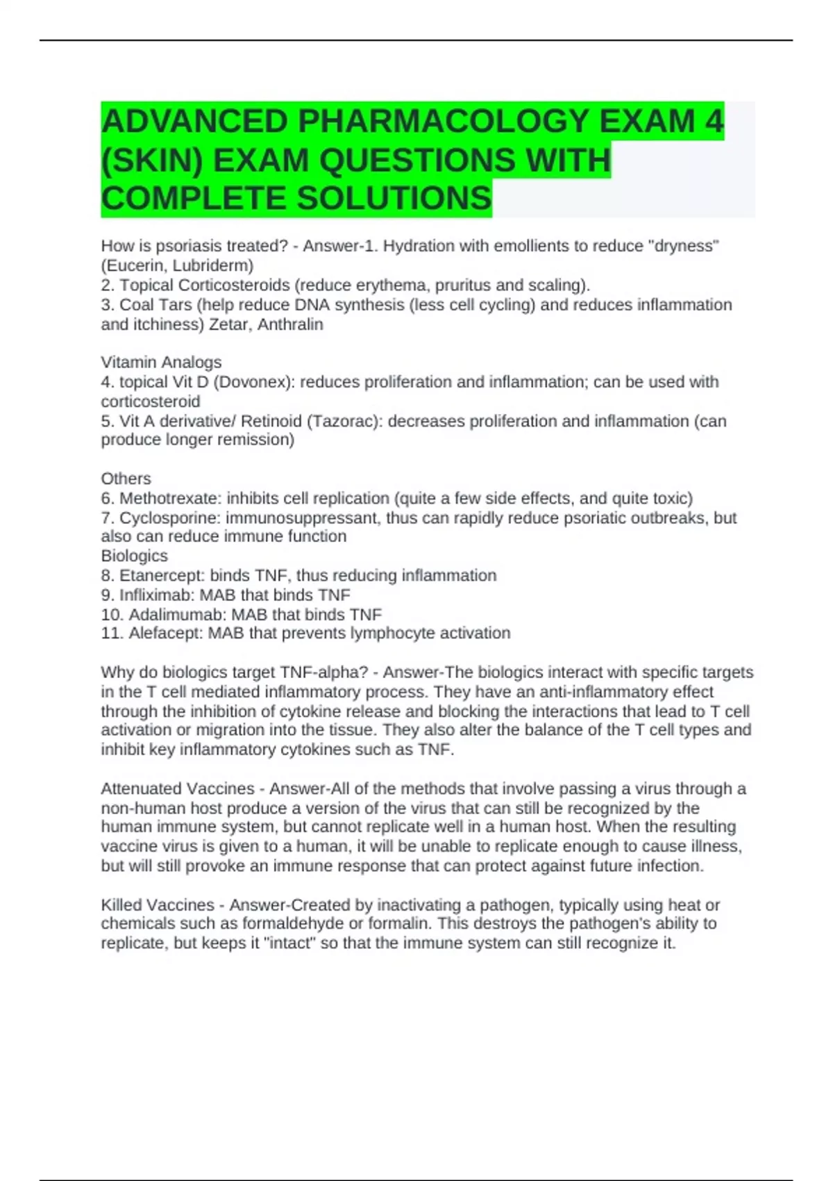 ADVANCED PHARMACOLOGY EXAM 4 (SKIN) EXAM QUESTIONS WITH COMPLETE ...