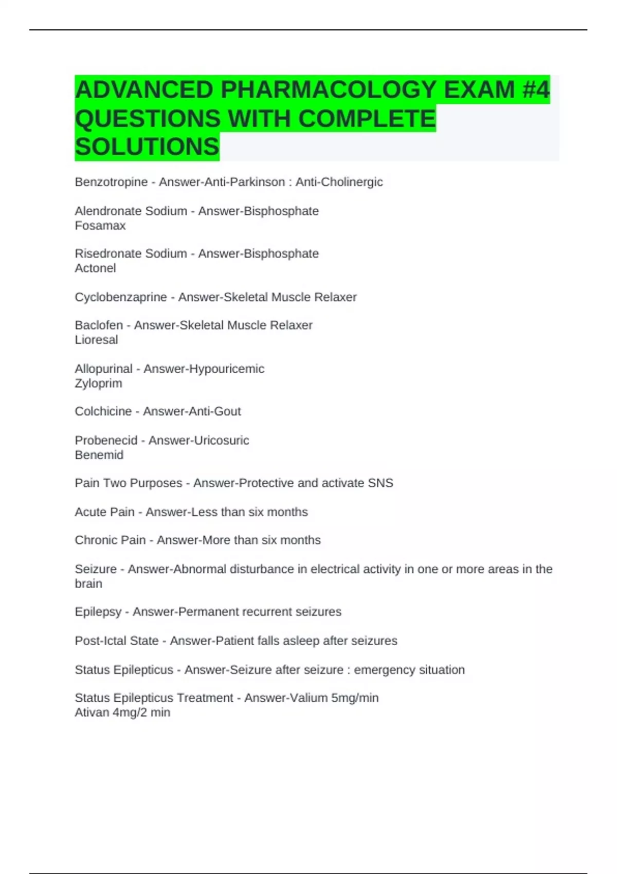 ADVANCED PHARMACOLOGY EXAM #4 QUESTIONS WITH COMPLETE SOLUTIONS ...