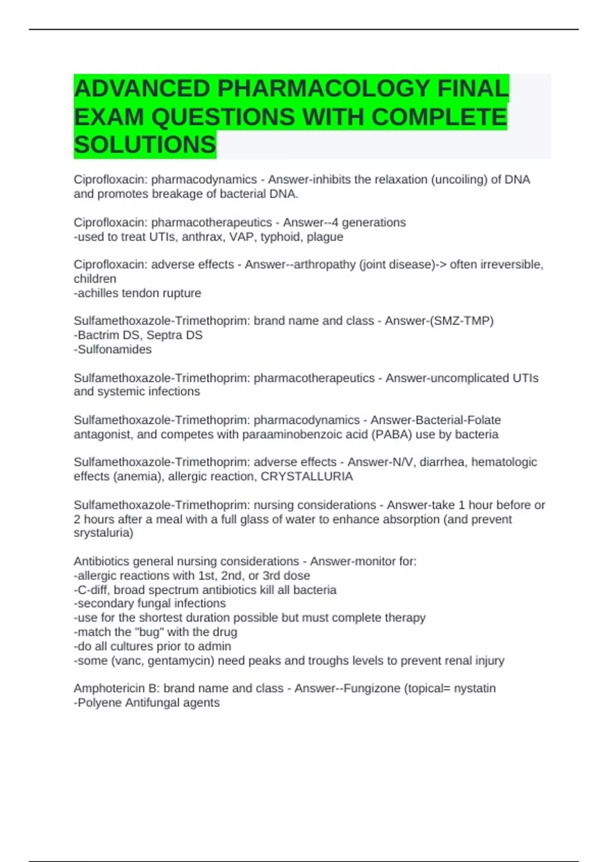 ADVANCED PHARMACOLOGY FINAL EXAM QUESTIONS WITH COMPLETE SOLUTIONS ...