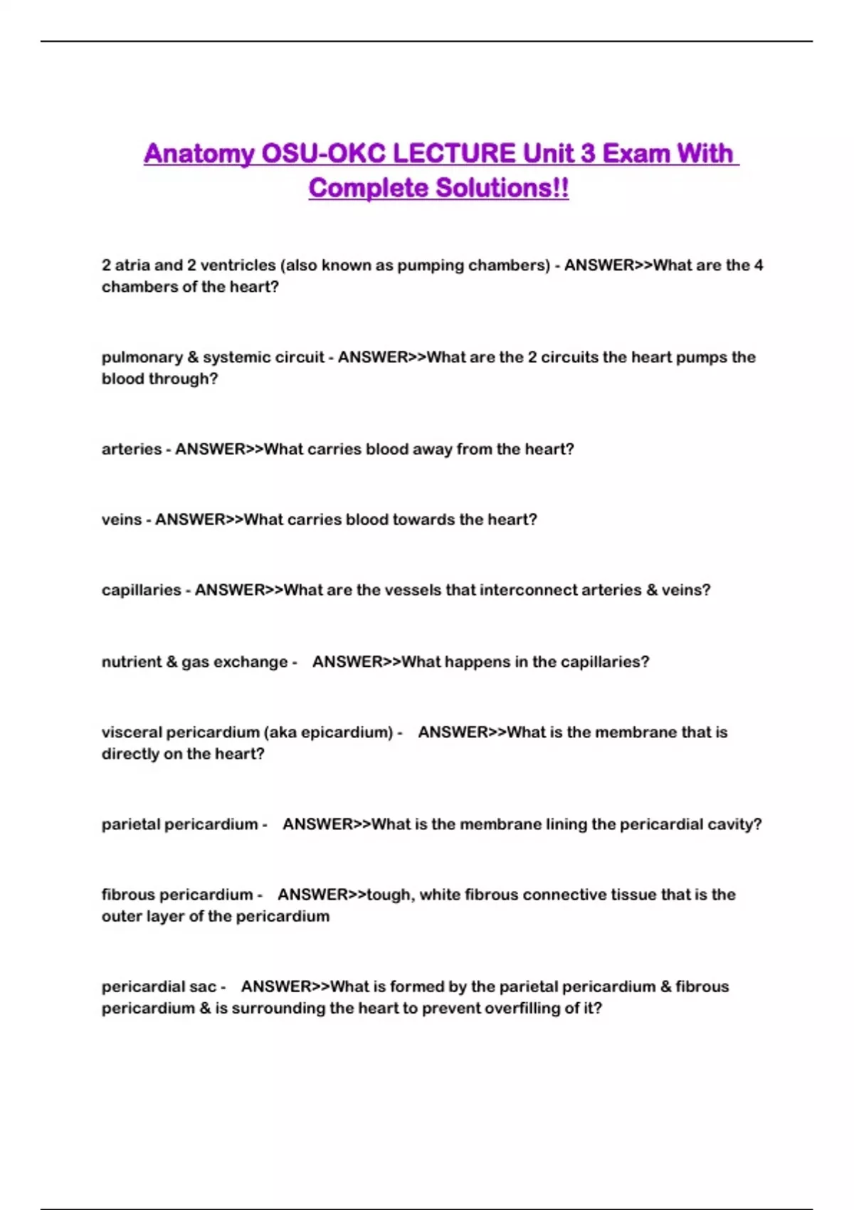 Anatomy OSU-OKC LECTURE Unit 3 Exam With Complete Solutions!! - Anatomy ...