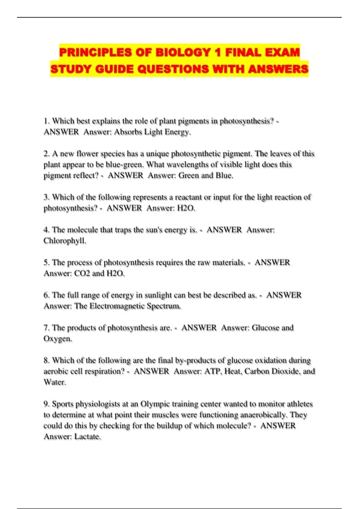 PRINCIPLES OF BIOLOGY 1 FINAL EXAM STUDY GUIDE QUESTIONS WITH ANSWERS ...