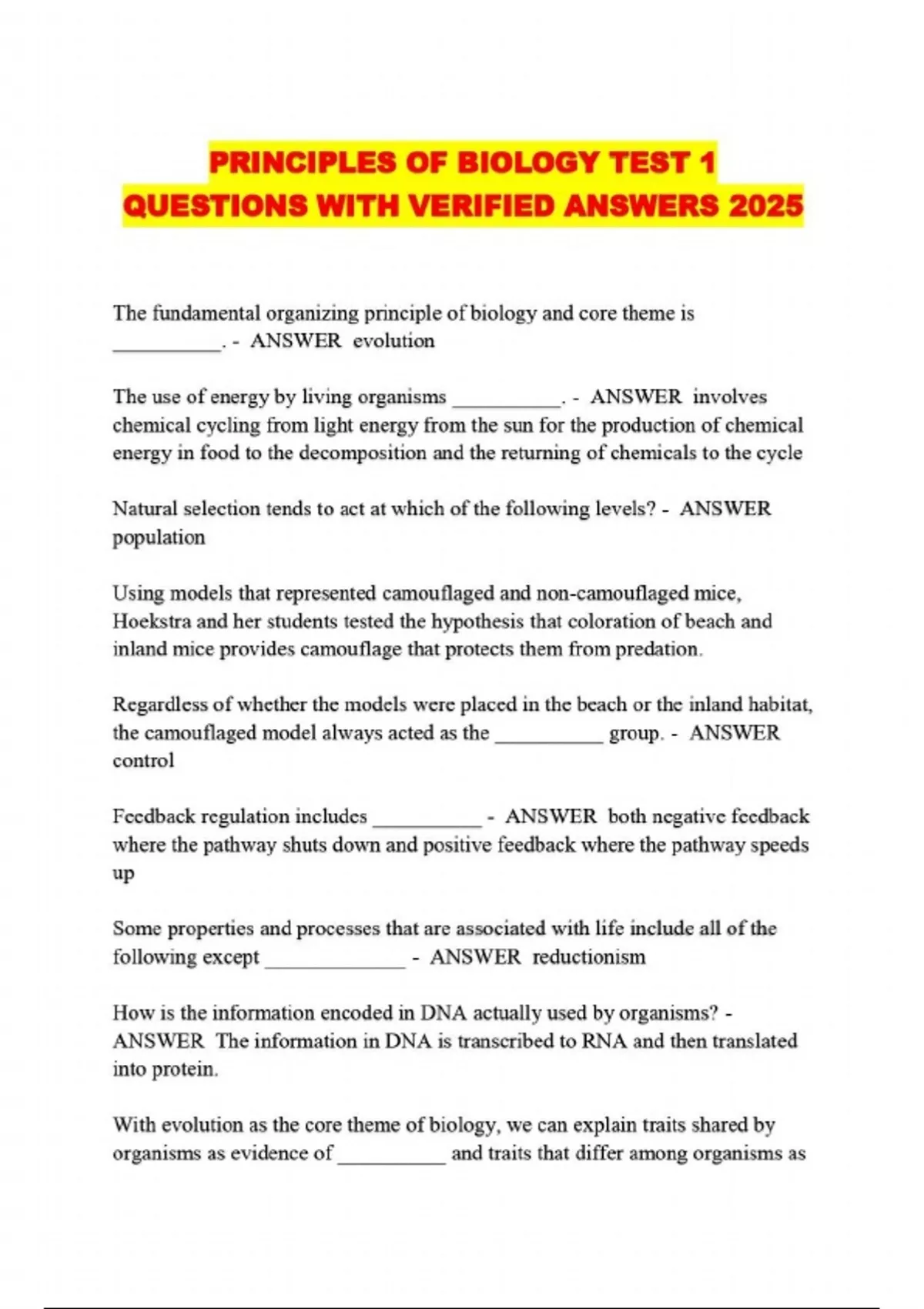 PRINCIPLES OF BIOLOGY TEST 1 QUESTIONS WITH VERIFIED ANSWERS 2025 ...
