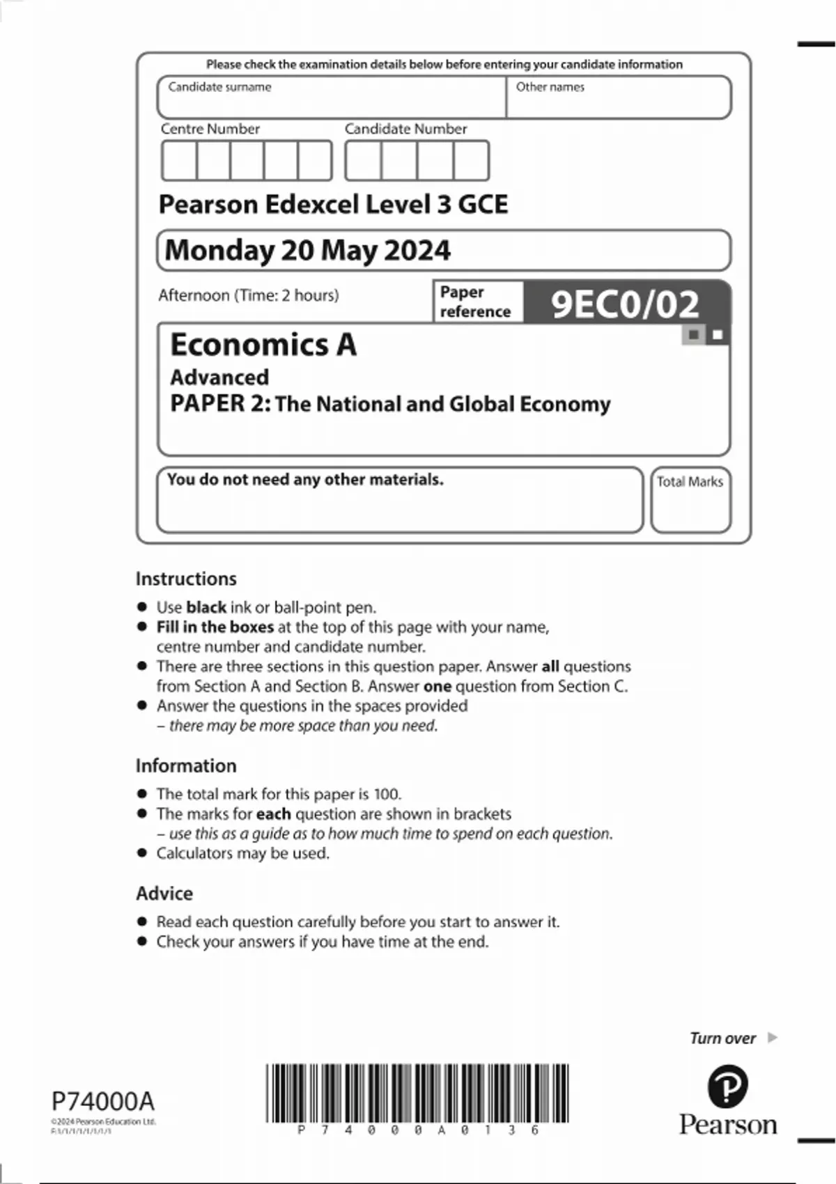 2024 Pearson Edexcel A Level Economics A PAPER 2 QUESTION PAPER AND ...