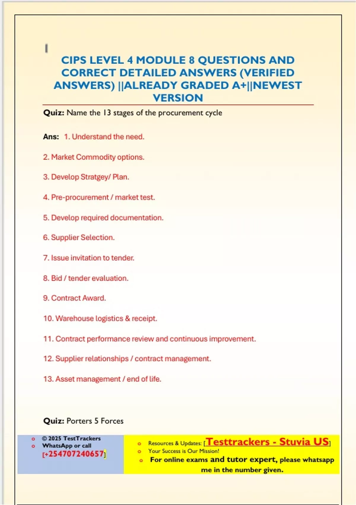 Level 4 Question Examples CIPS LEVEL 4 MODULE 8 QUESTIONS AND CORRECT DETAILED ANSWERS (VERIFIED ...