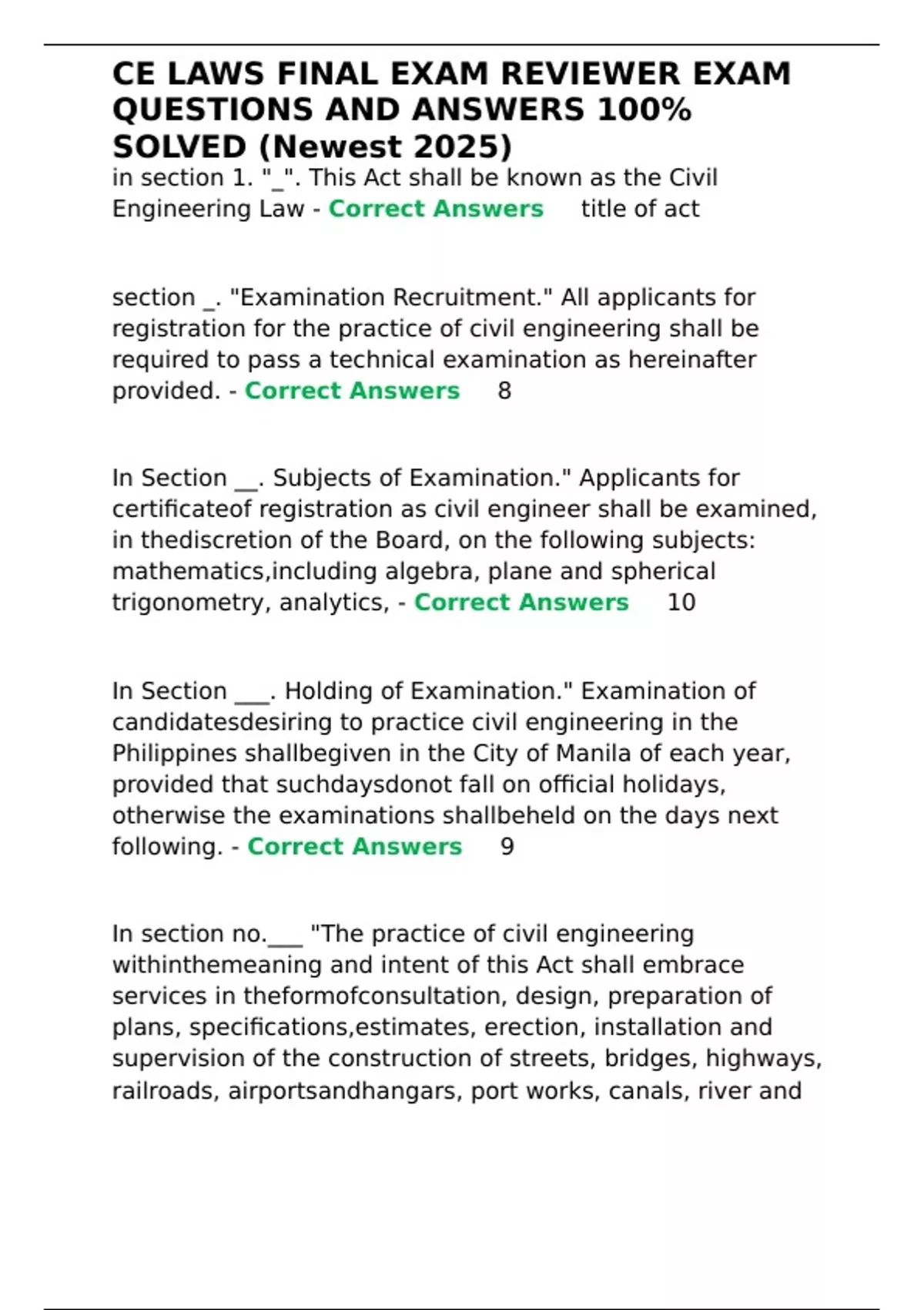 CE LAWS FINAL EXAM REVIEWER EXAM QUESTIONS AND ANSWERS 100- SOLVED ...
