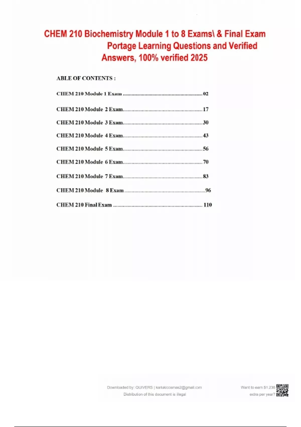 Chem 210 Biochemistry Module 1 To 8 Exams Final Exam Portage Learning