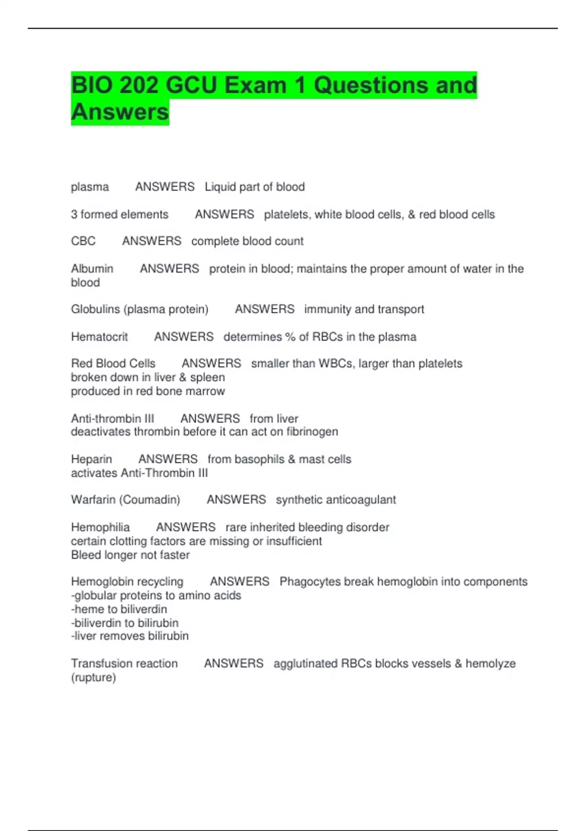 BIO 202 GCU Exam 1 Questions and Answers - BIO 202 GCU - Stuvia US