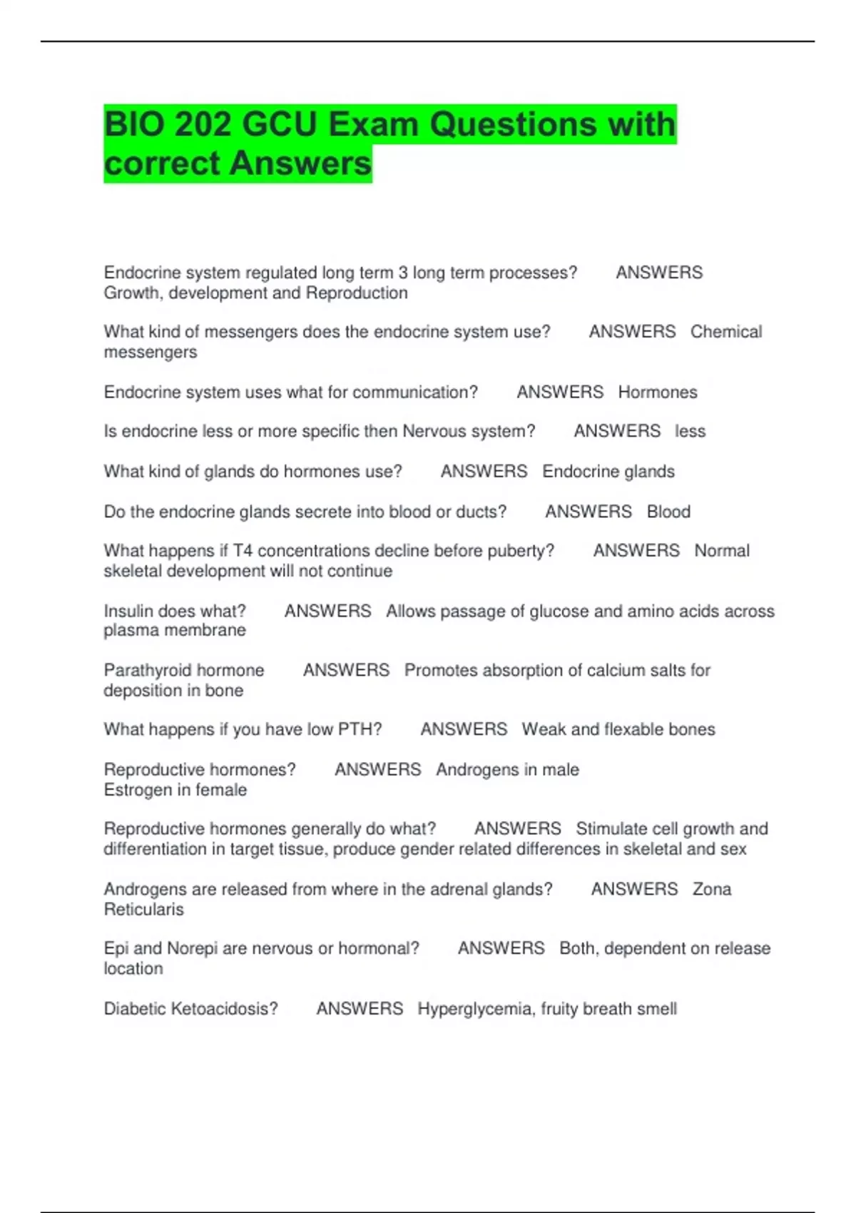 BIO 202 GCU Exam Questions with correct Answers (Graded A) - BIO 202 ...