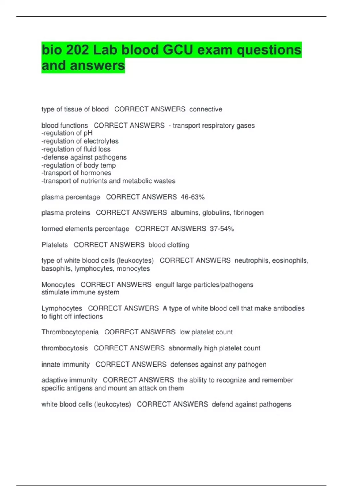 bio 202 Lab blood GCU exam questions and answers - BIO 202 GCU - Stuvia US
