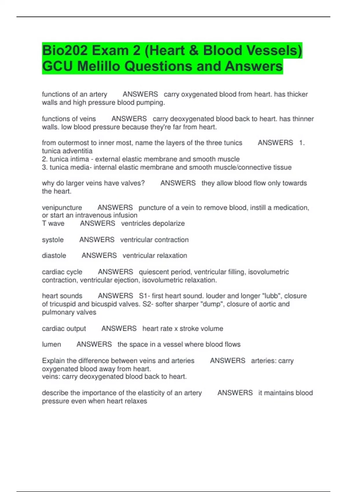 Bio202 Exam 2 (Heart & Blood Vessels) GCU Melillo Questions and Answers ...